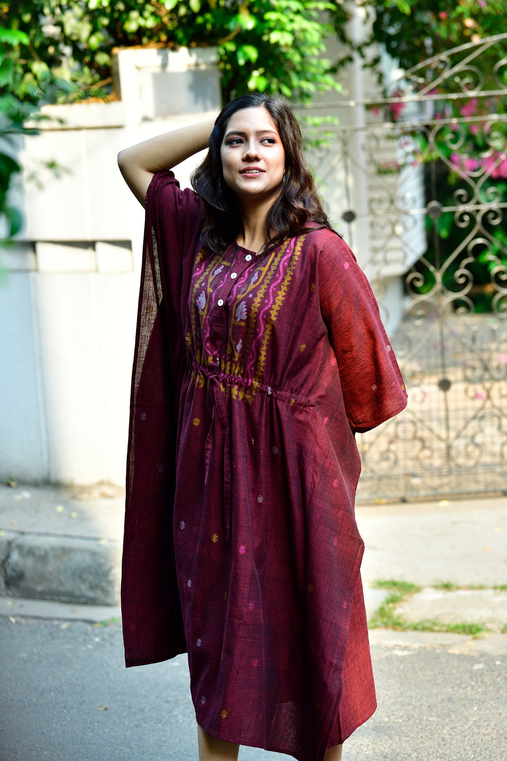 Khadi jamdani kaftan - Maroon image 3