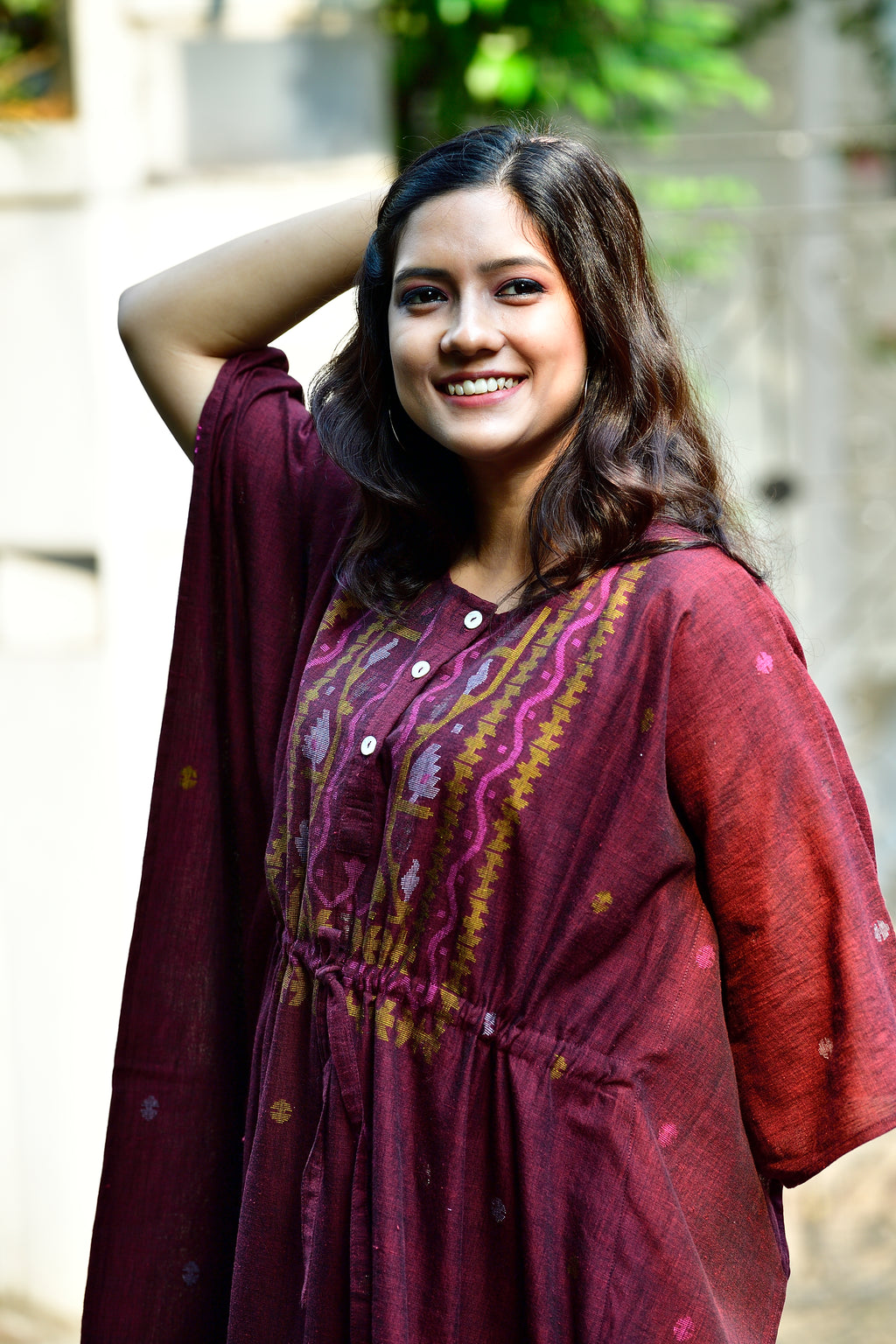 Khadi jamdani kaftan - Maroon image 0