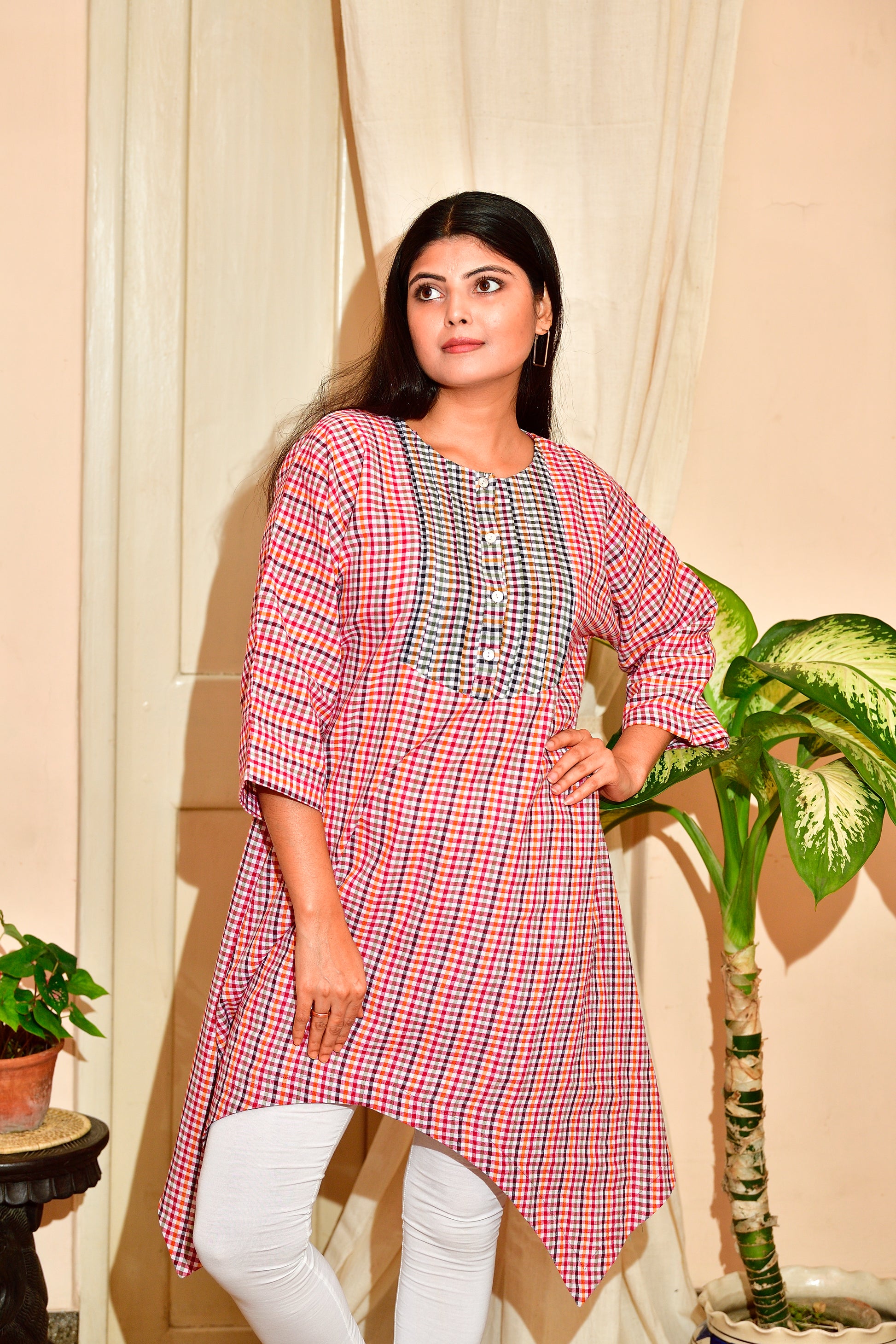 Chhuti - Handloom cotton asymmetrical dress - Red checks image 1