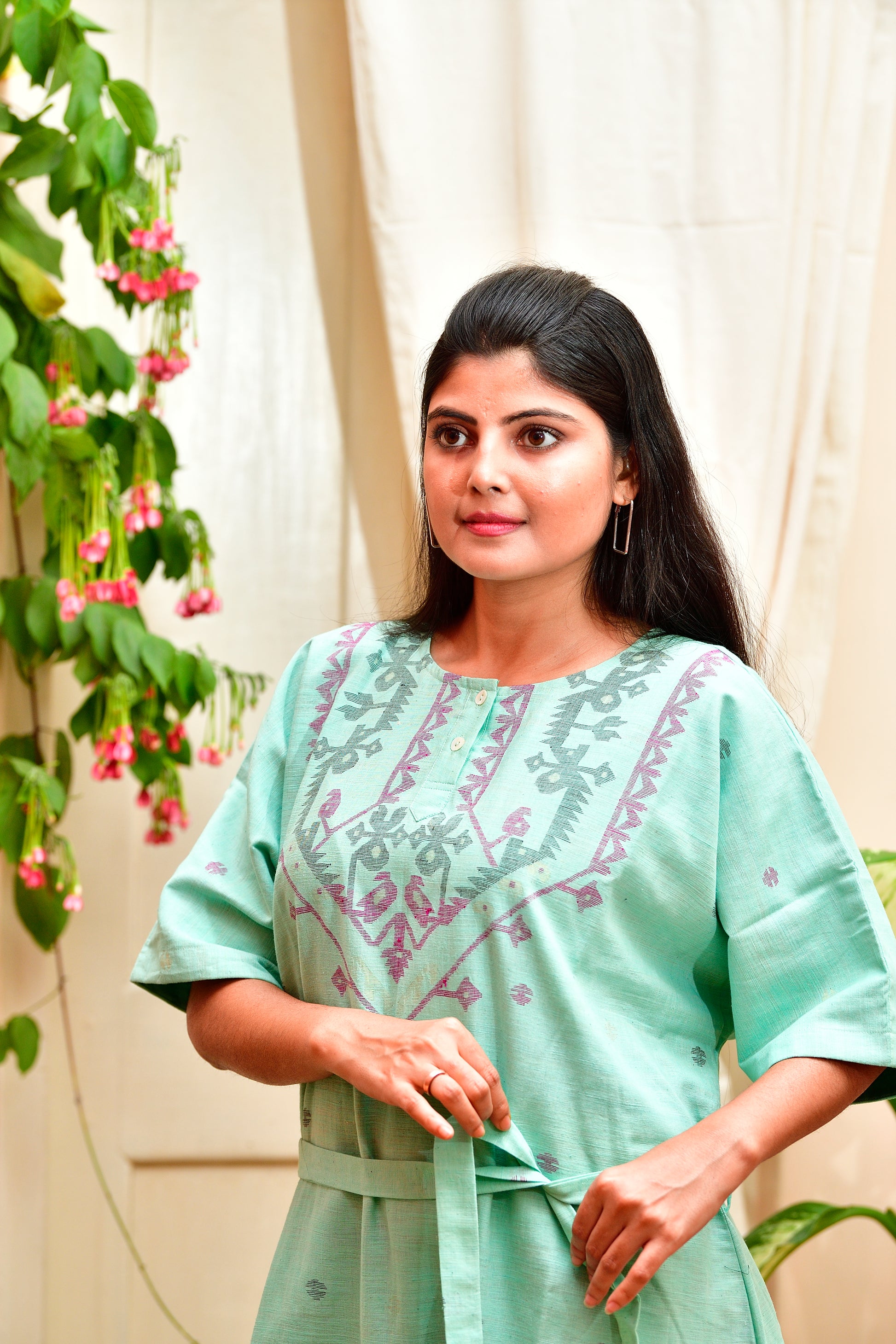 Khadi Jamdani - Kimono dress - Sea green image 4
