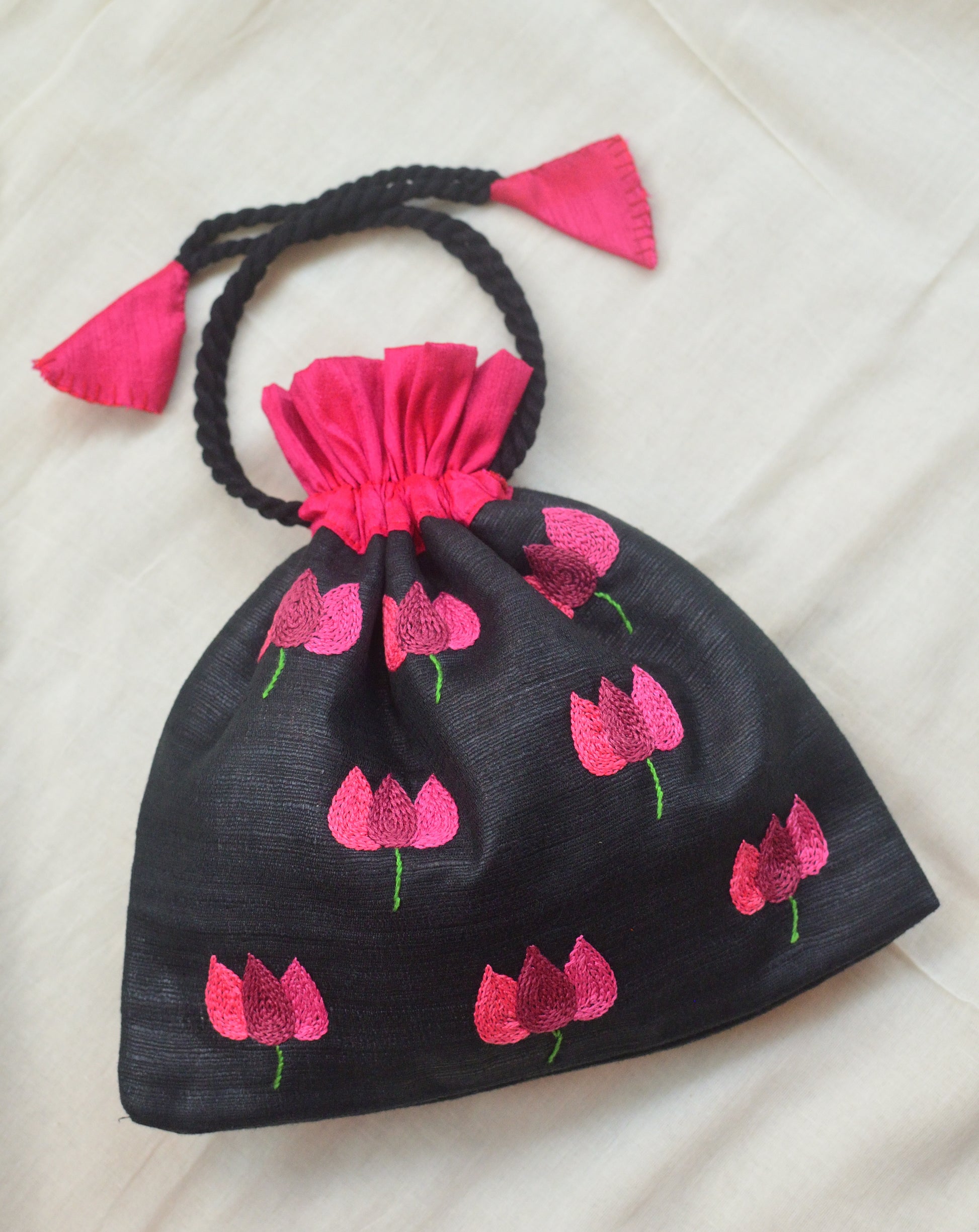 Bougainvillea on black - raw silk potli image 0
