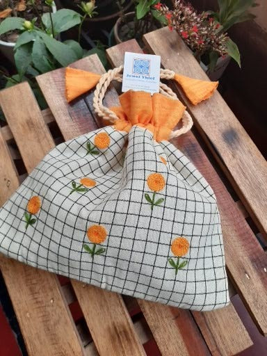 Hand embroidered cotton potli - White checks and yellow flowers image 1
