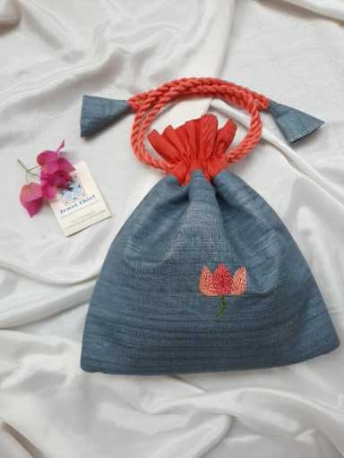 Hand embroidered silk potli - Steel grey image 2
