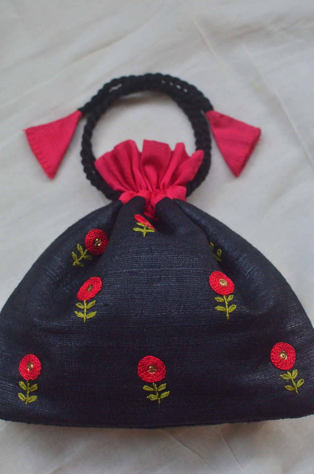 Button flowers - red on black - raw silk potli image 1