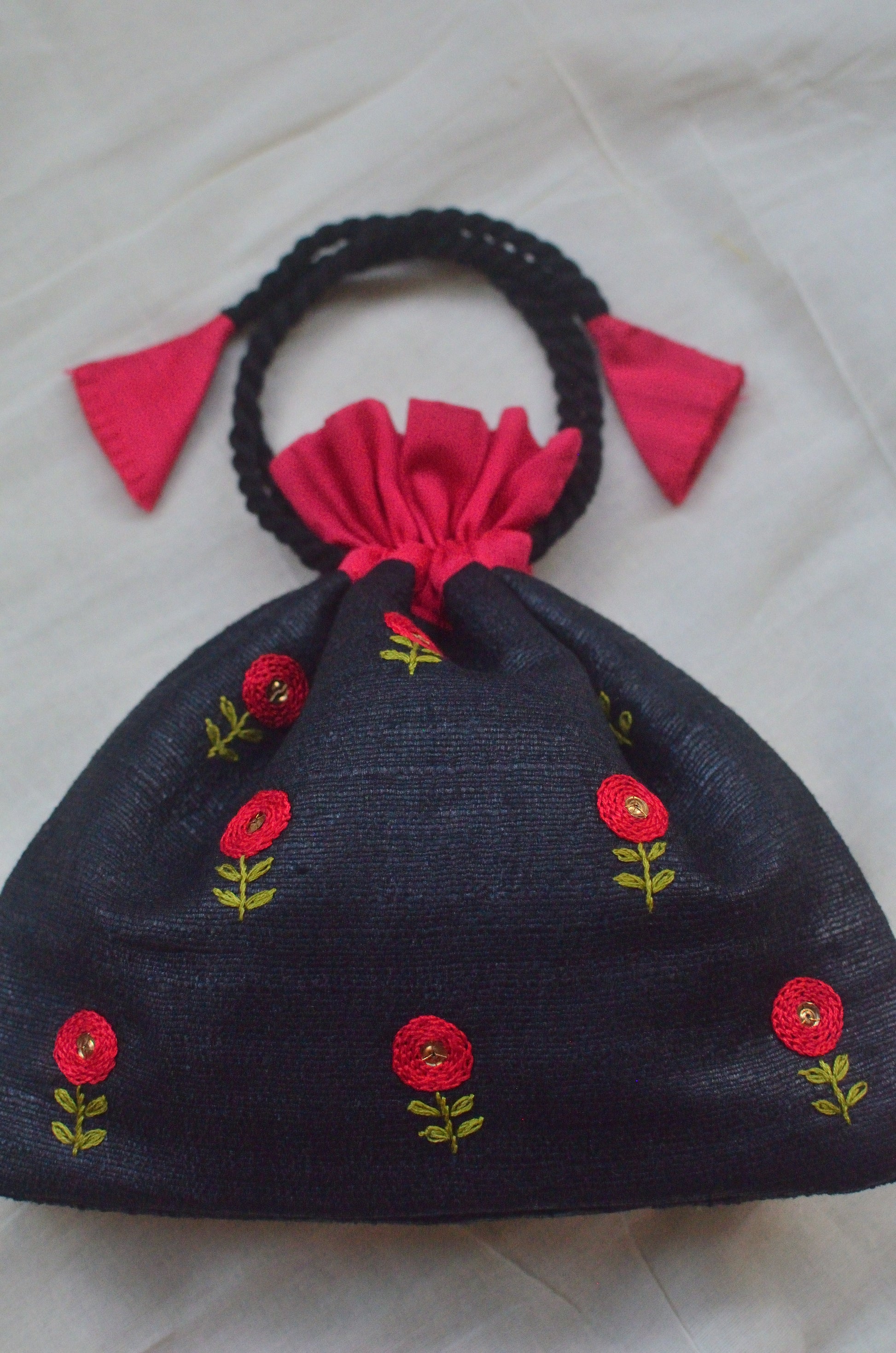 Button flowers - red on black - raw silk potli image 1