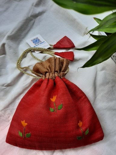 Hand embroidered silk potli - Bridal red image 2