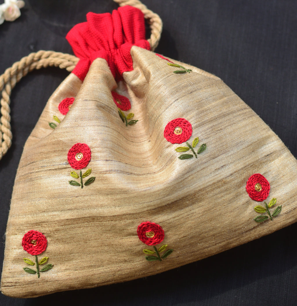 Red button flower on tussar silk image 3