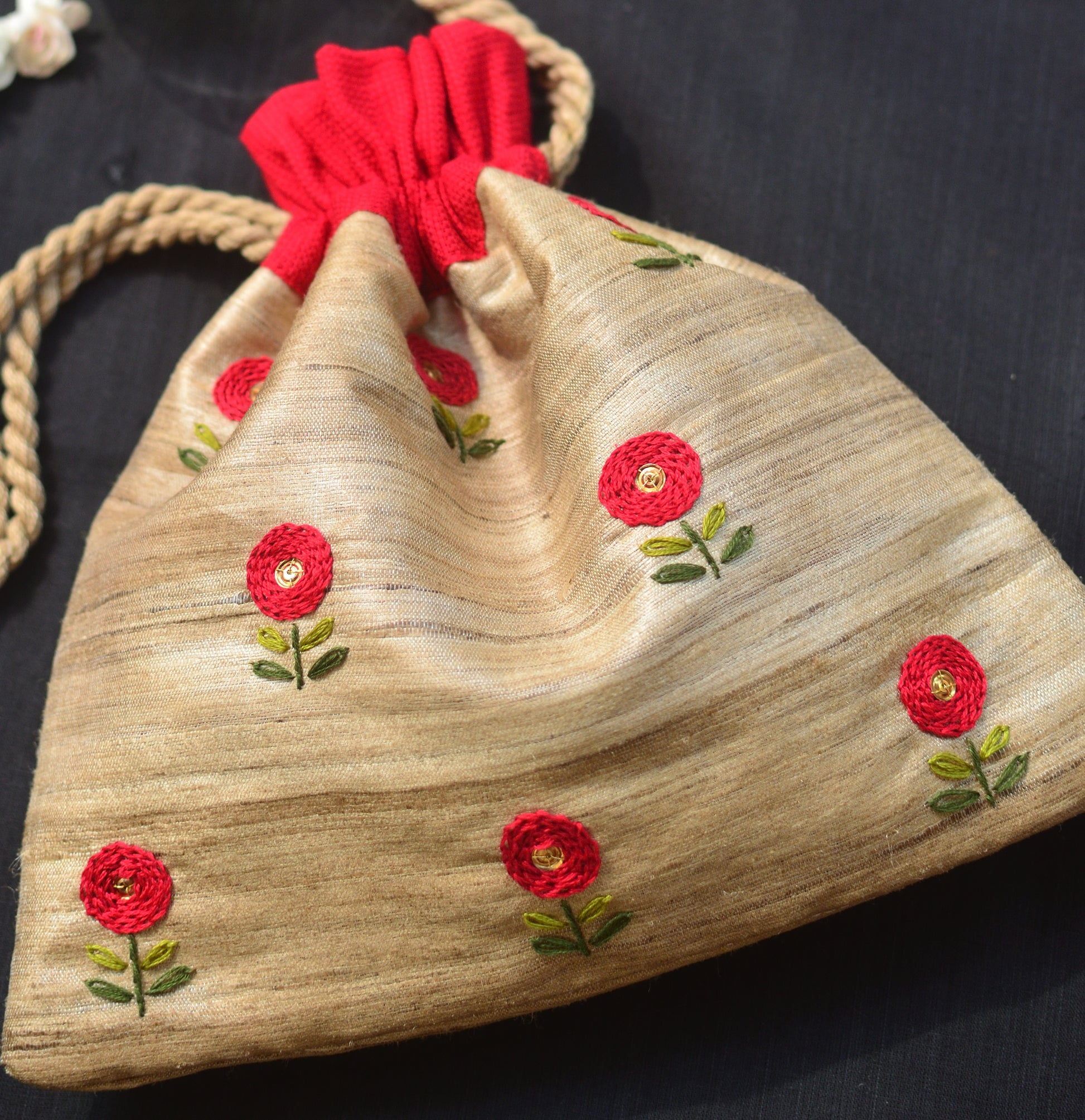 Red button flower on tussar silk image 3