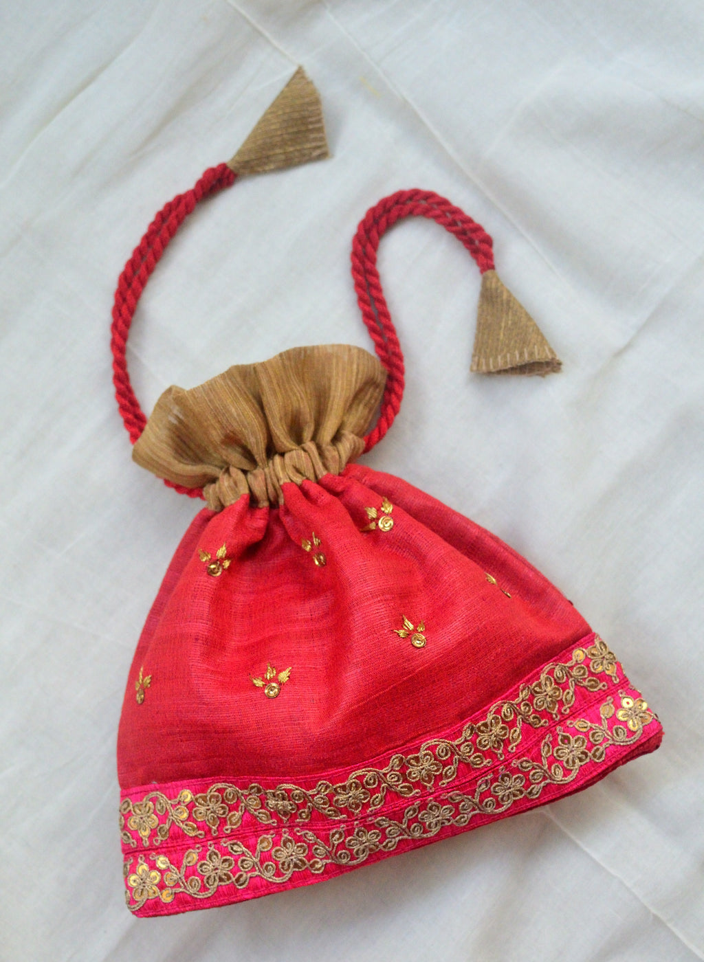Scarlet sage - raw silk potli with hand embroidery and zari border image 0
