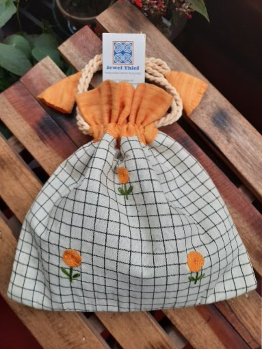 Hand embroidered cotton potli - White checks and yellow flowers image 2