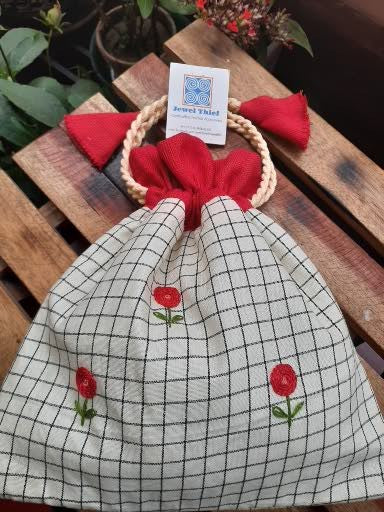 Hand embroidered cotton potli - White checks and brick red flowers image 1