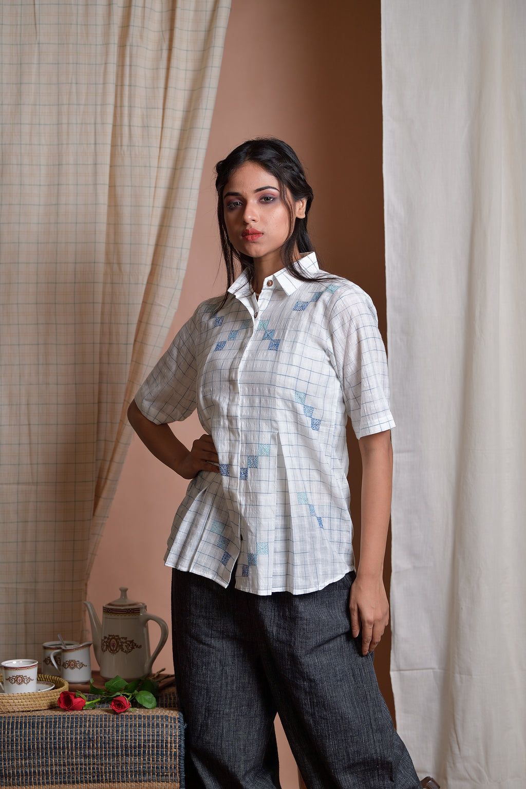 Checks of Time - Khadi shirt with Kantha embroidery image 1
