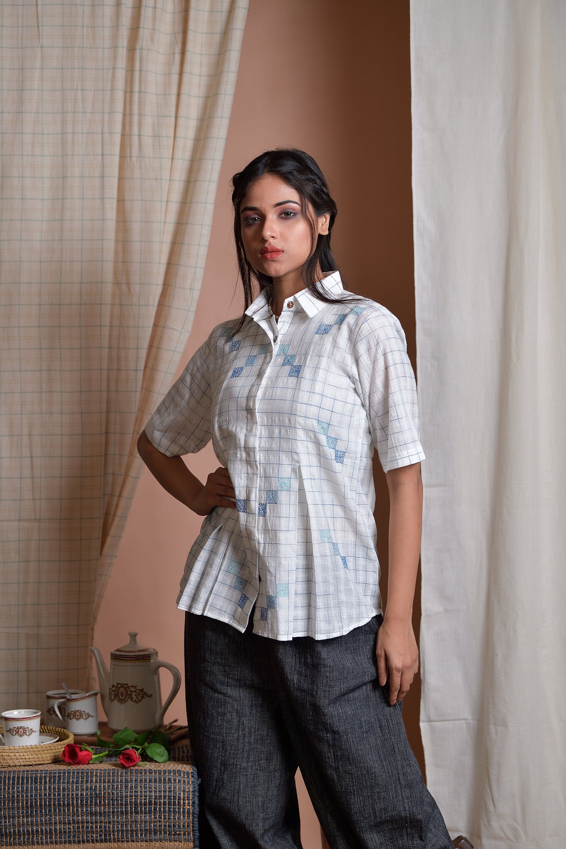 Checks of Time - Khadi shirt with Kantha embroidery image 1