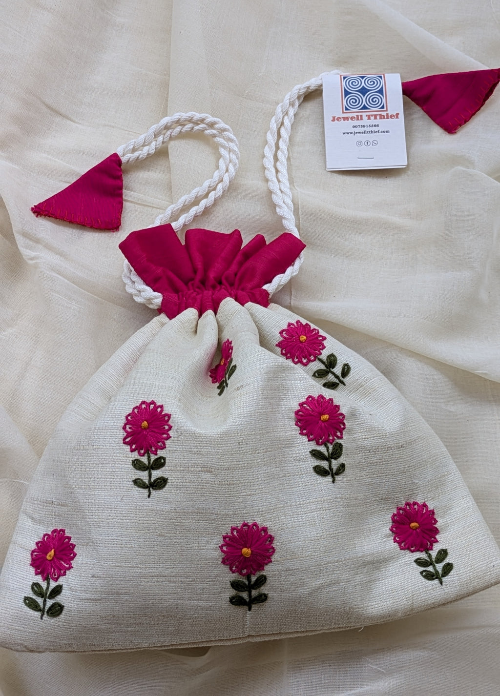 Zarbera - Magenta on white - raw silk potli image 1