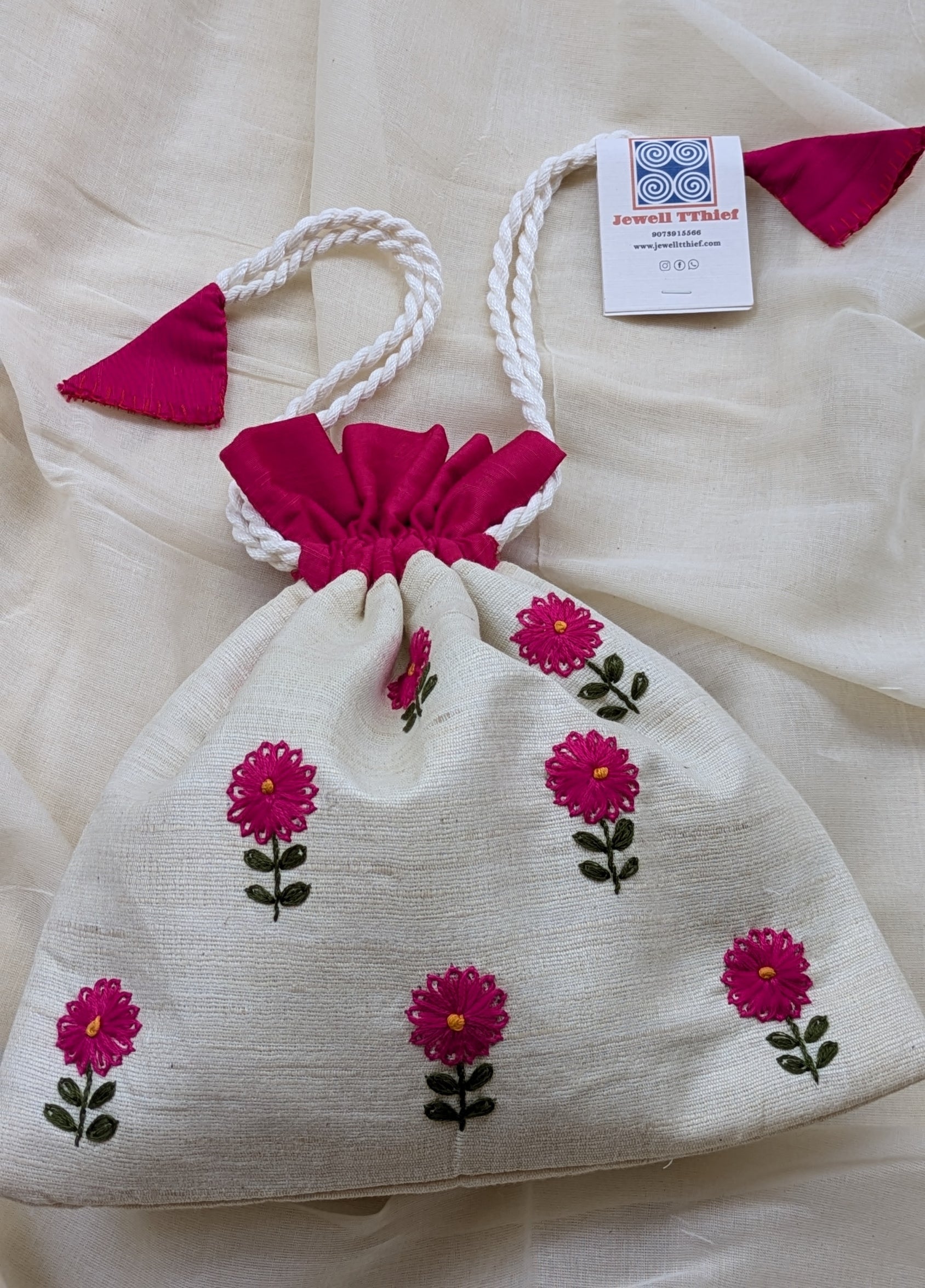 Zarbera - Magenta on white - raw silk potli image 1