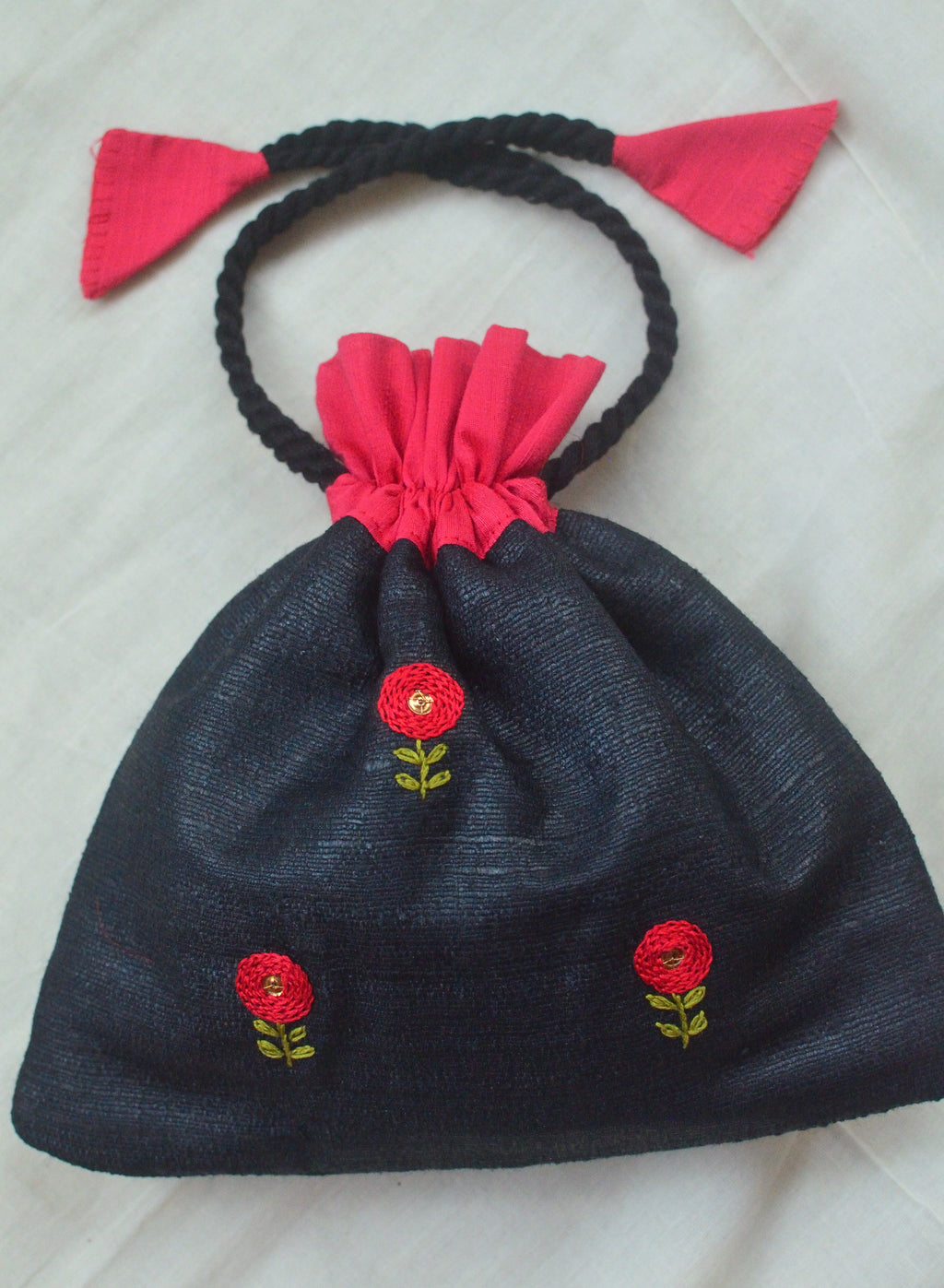 Button flowers - red on black - raw silk potli image 2