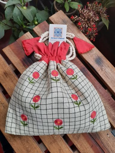 Hand embroidered cotton potli - White checks & pink flowers image 0