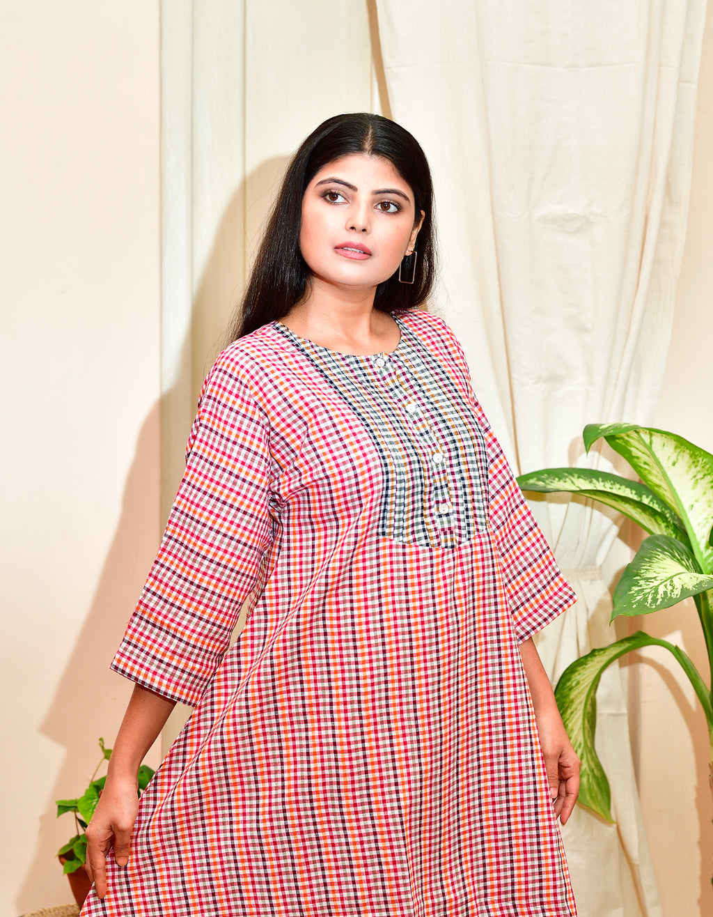 Chhuti - Handloom cotton asymmetrical dress - Red checks image 5