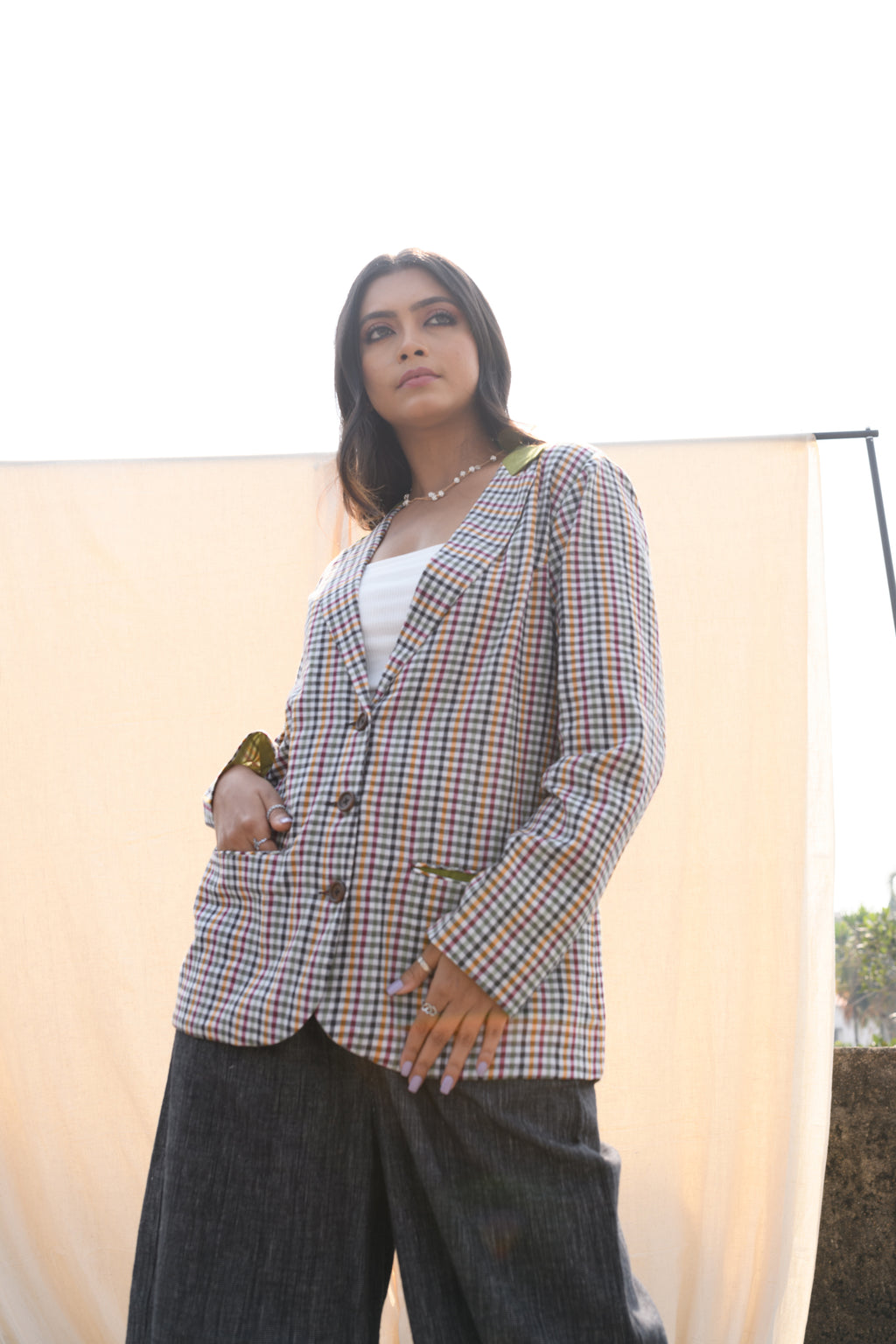 Moss Mosaic | Handloom Cotton Checks jacket | Front view