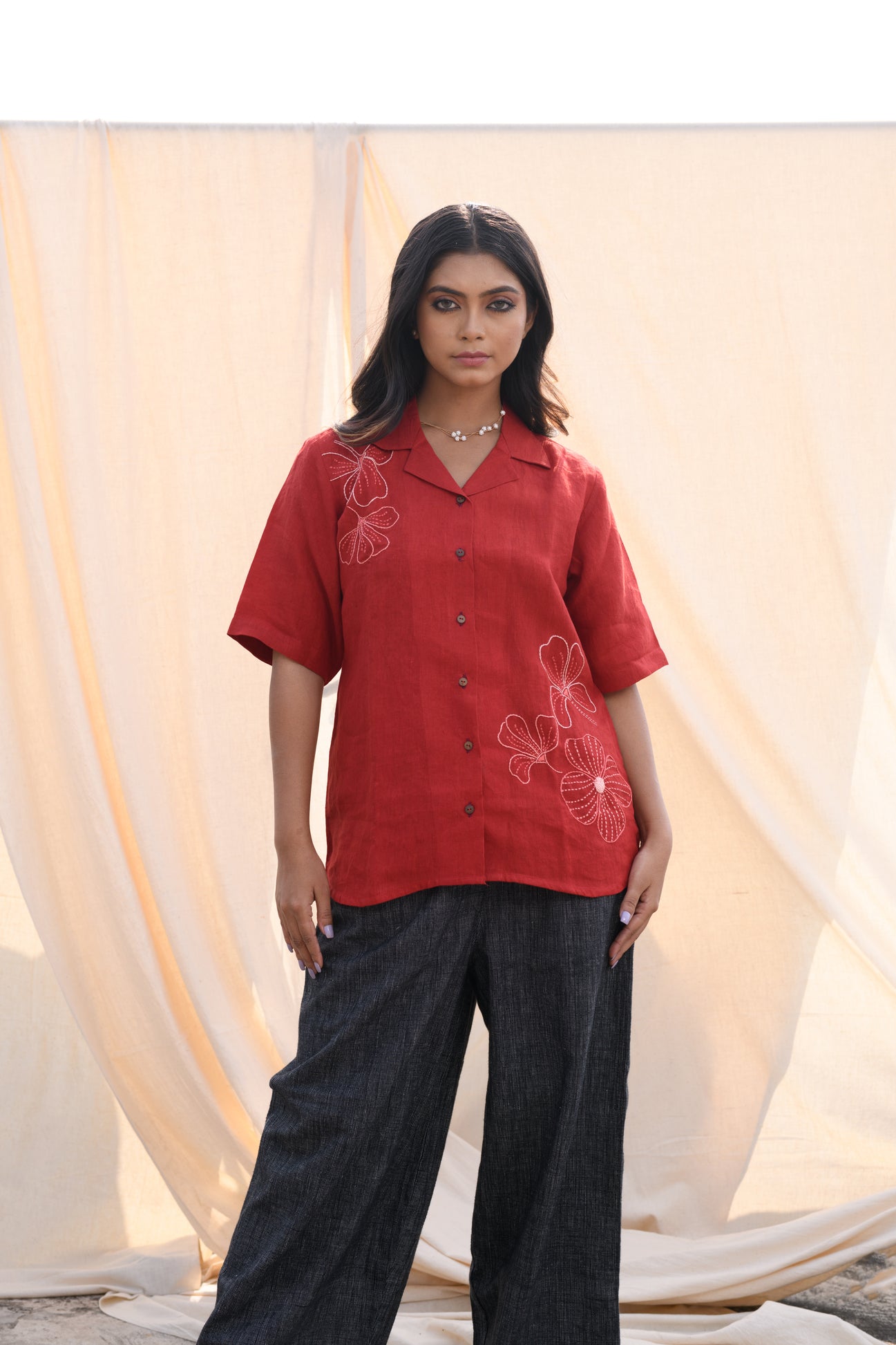 Fiery Aura - Hand embroidered linen shirt