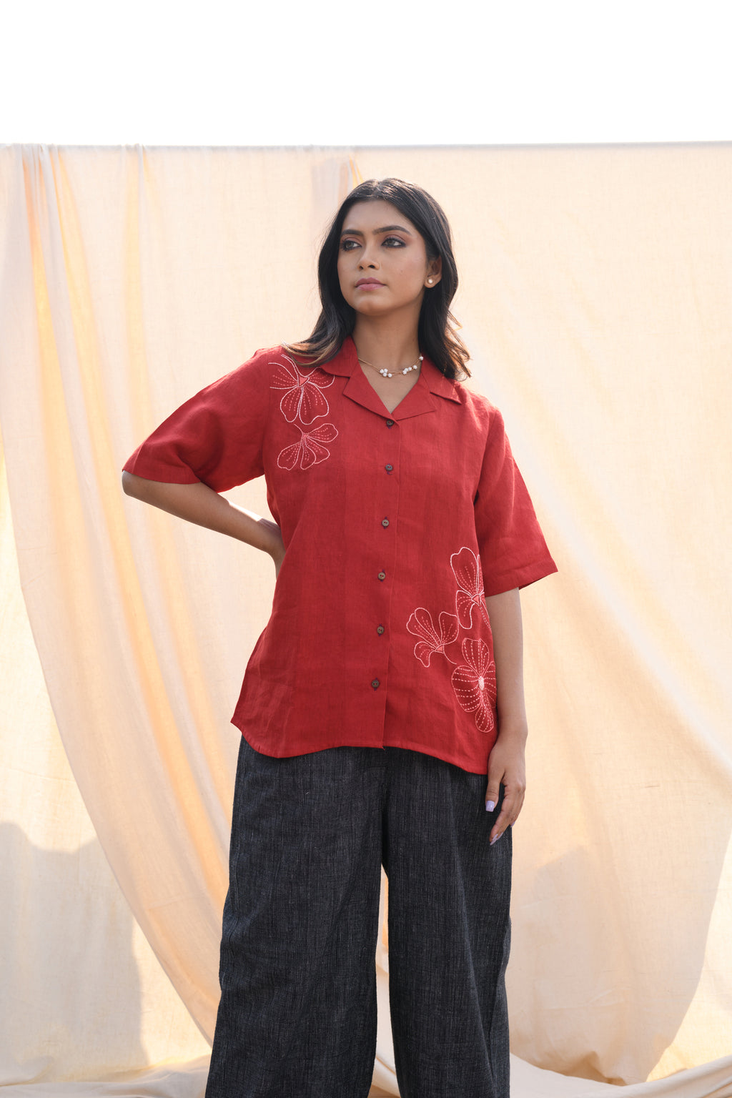 Fiery Aura - Hand embroidered linen shirt