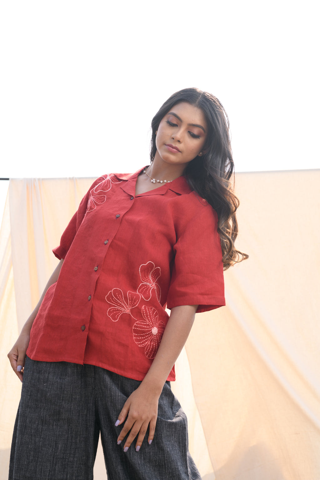 Fiery Aura - Hand embroidered linen shirt