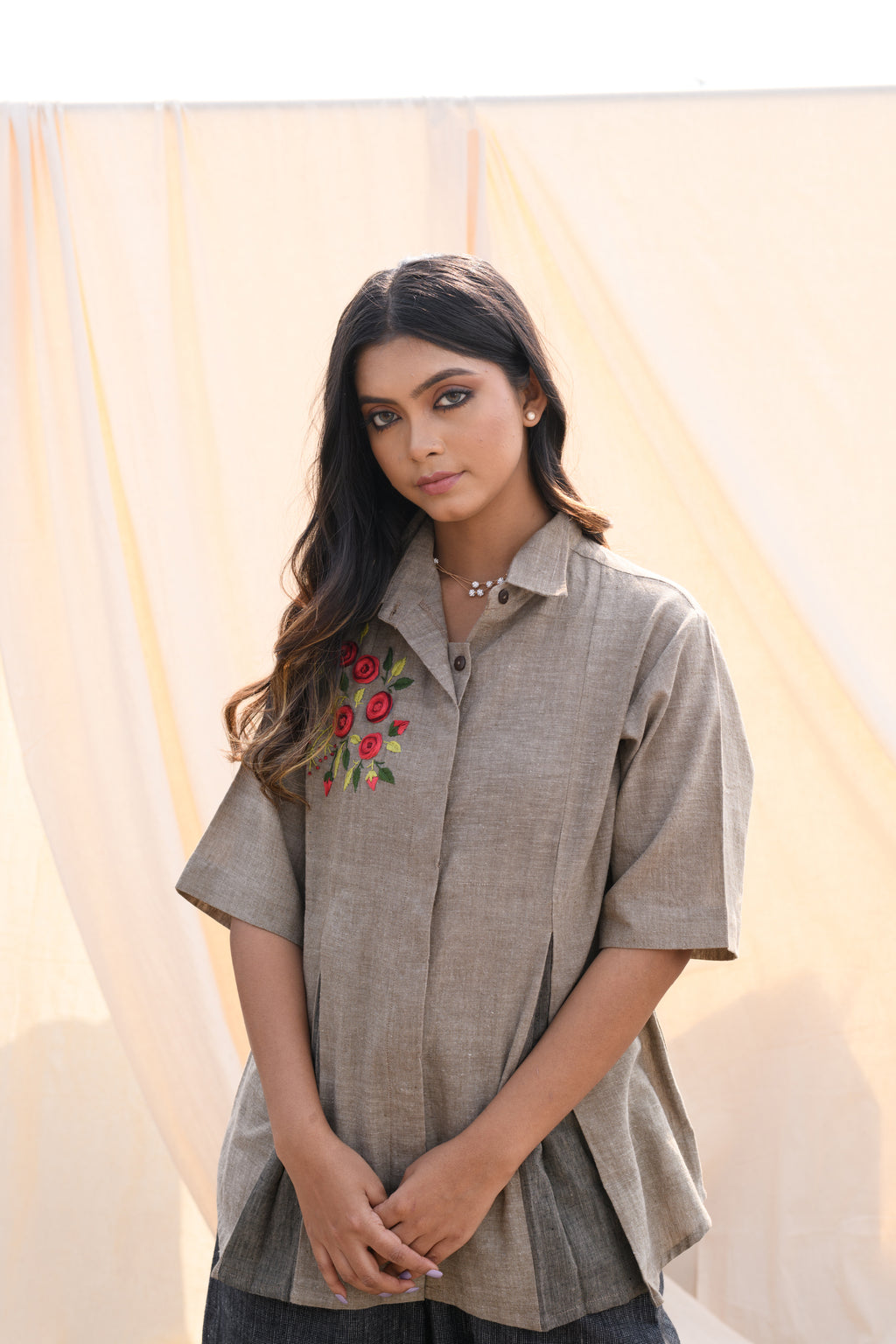 Frosted Field - Hand embroidered cotton shirt