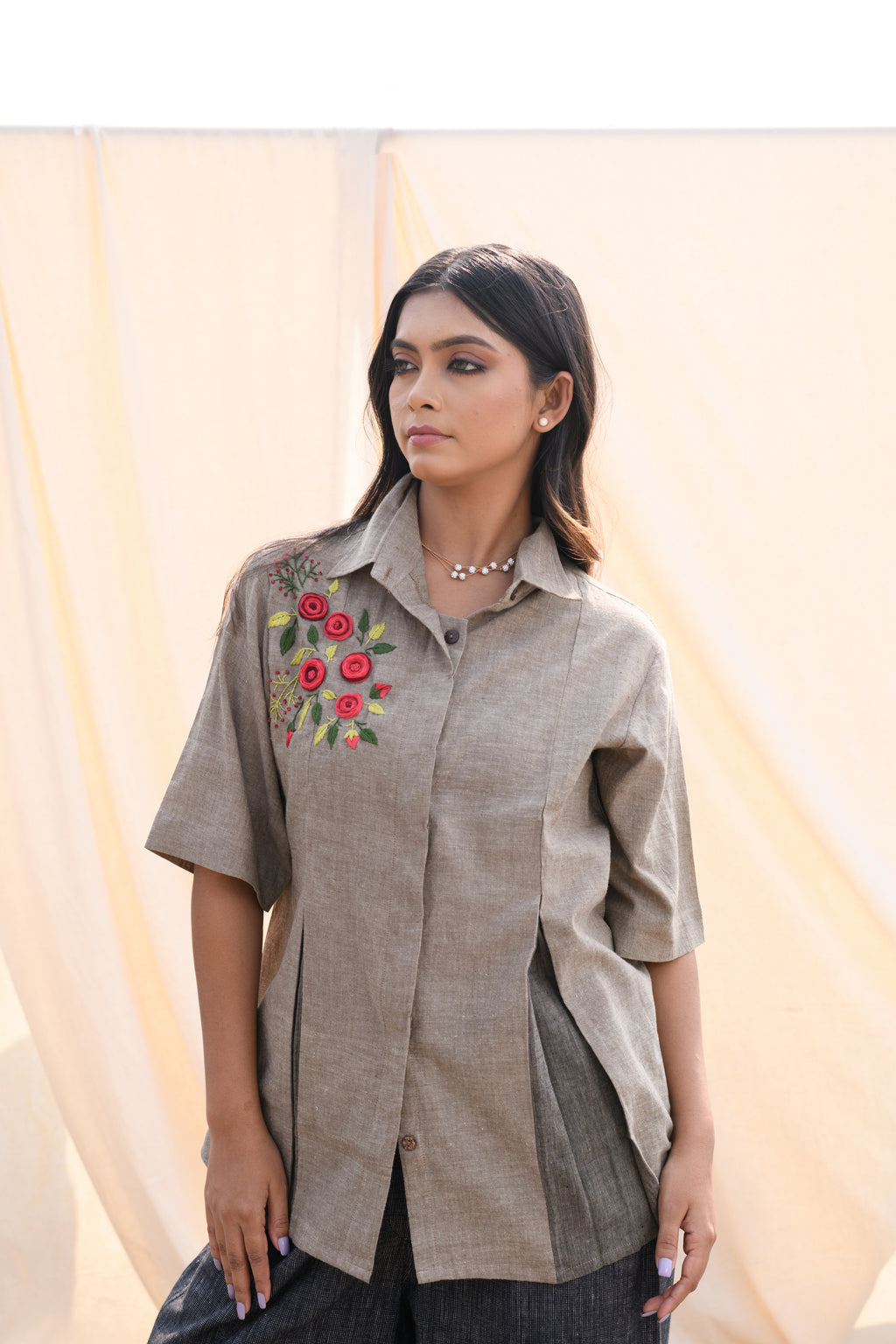 Frosted Field - Hand embroidered cotton shirt