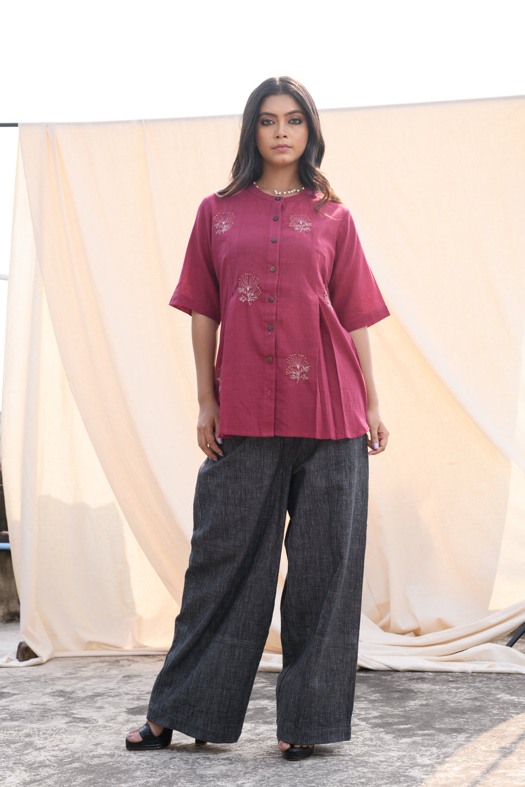 Crimson Bloom - Hand embroidered cotton shirt