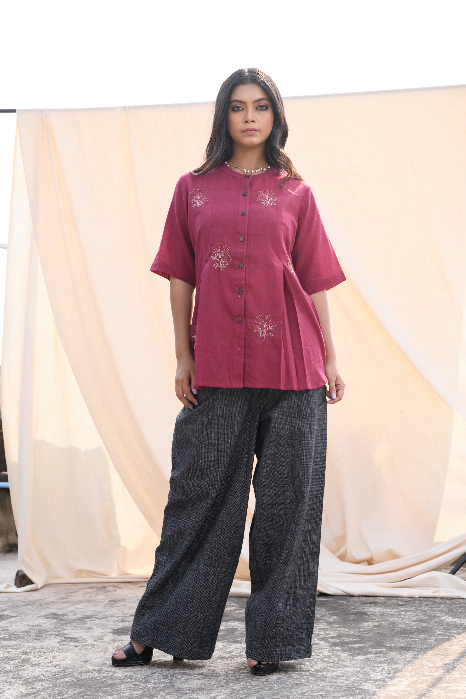 Crimson Bloom - Hand embroidered cotton shirt