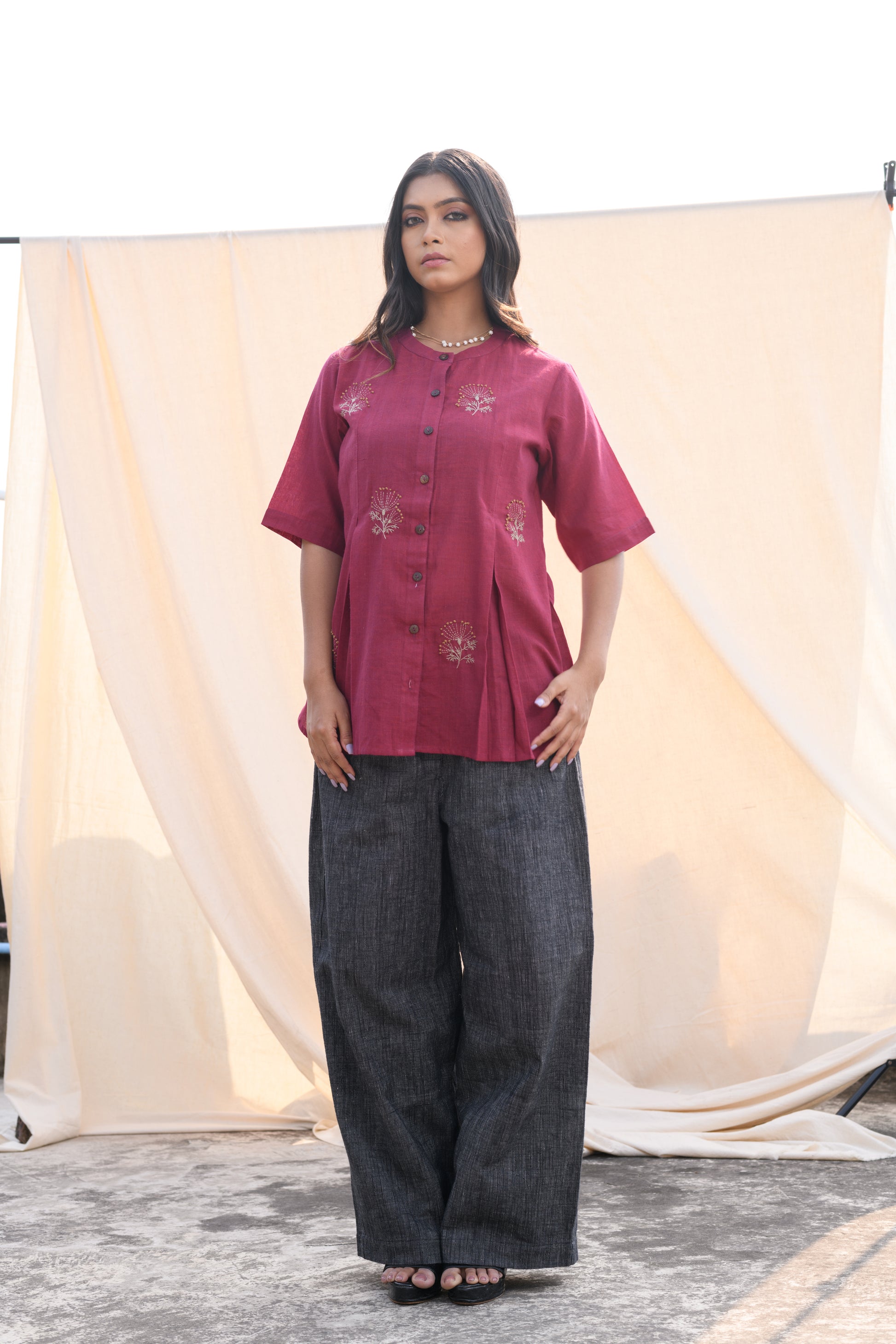 Crimson Bloom - Hand embroidered cotton shirt