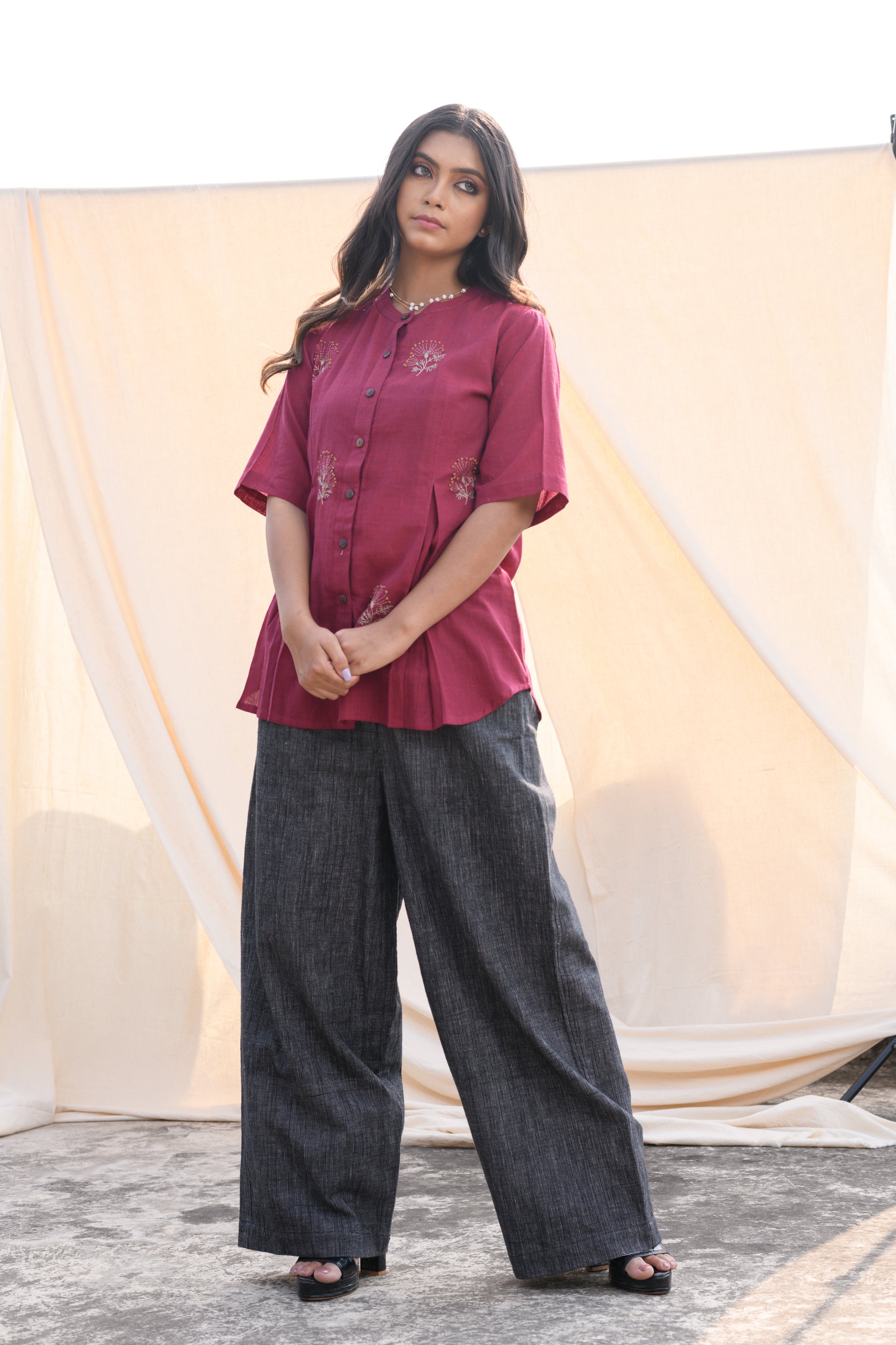 Crimson Bloom - Hand embroidered cotton shirt