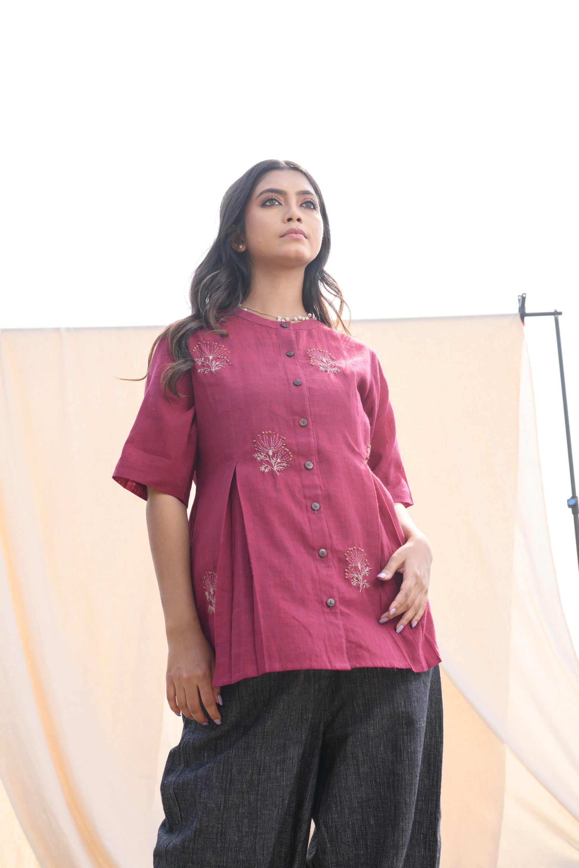 Crimson Bloom - Hand embroidered cotton shirt