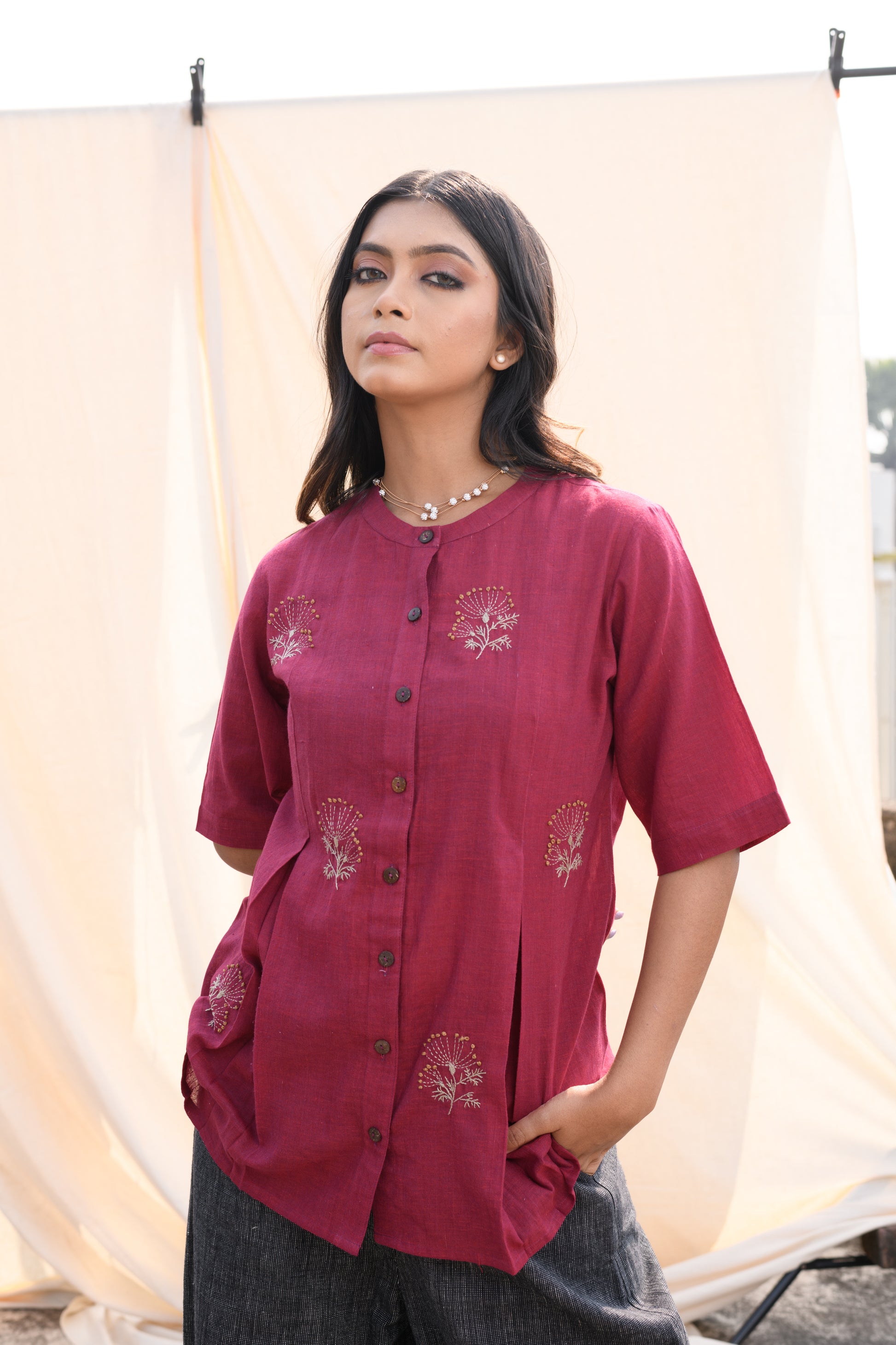 Crimson Bloom - Hand embroidered cotton shirt