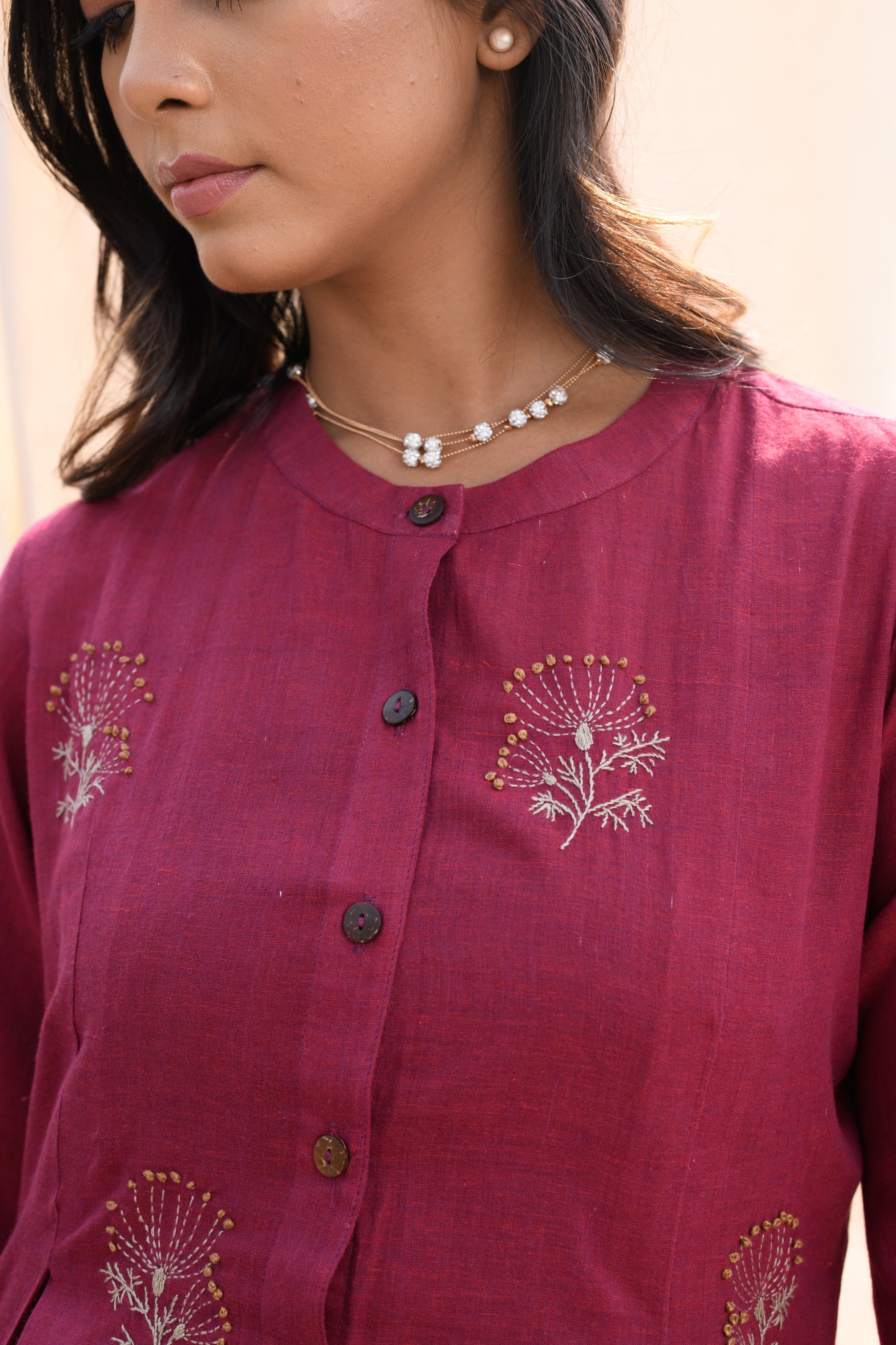 Crimson Bloom - Hand embroidered cotton shirt