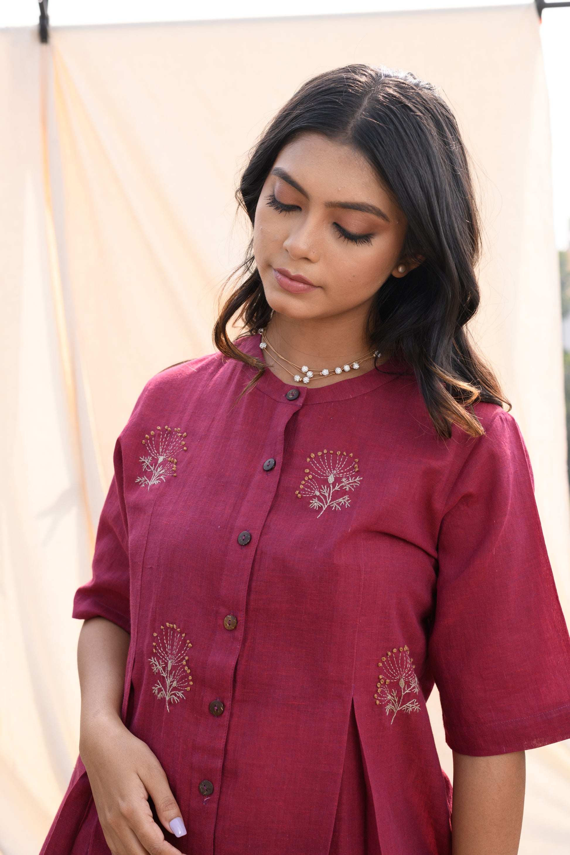 Crimson Bloom - Hand embroidered cotton shirt