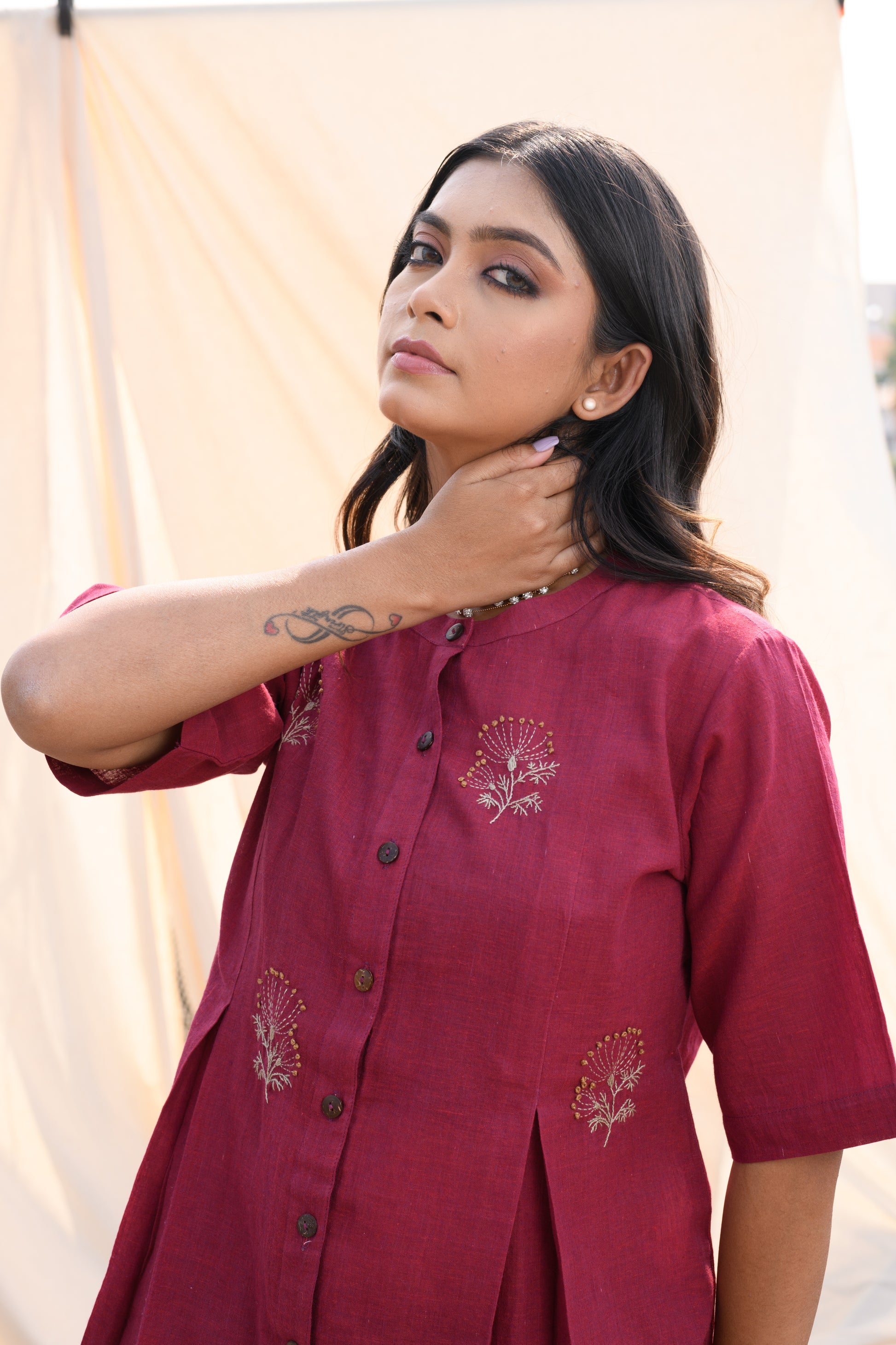 Crimson Bloom - Hand embroidered cotton shirt