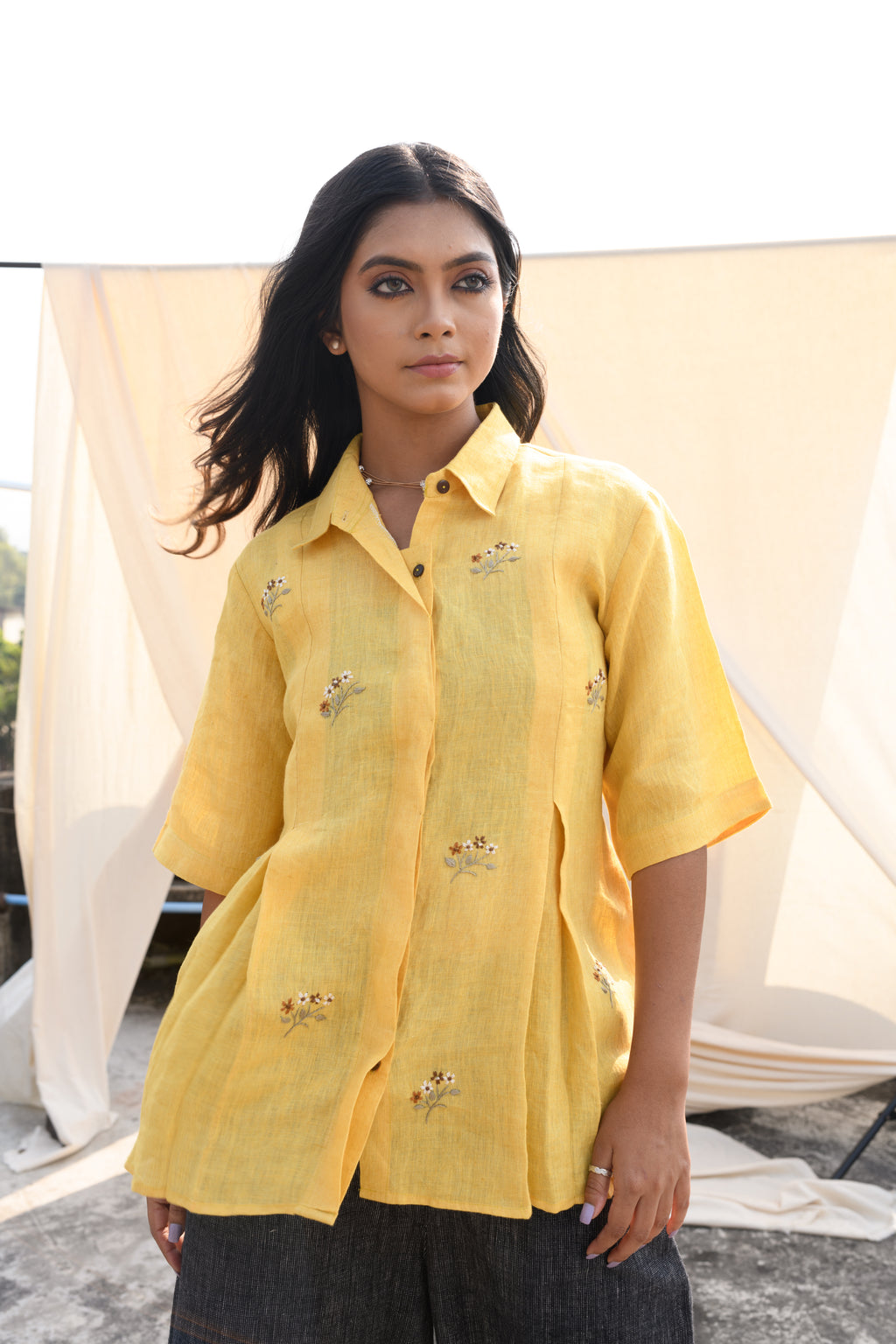 Sunlit Serenity Hand embroidered linen shirt Yellow Front View