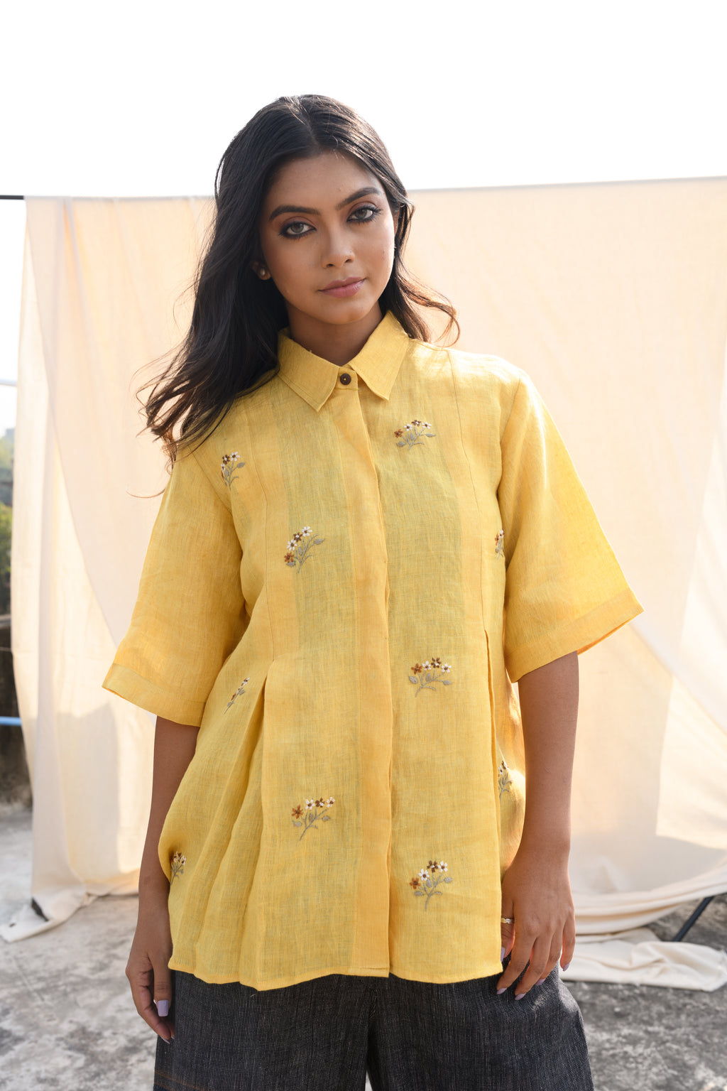 Sunlit Serenity Hand embroidered linen shirt Yellow Front View