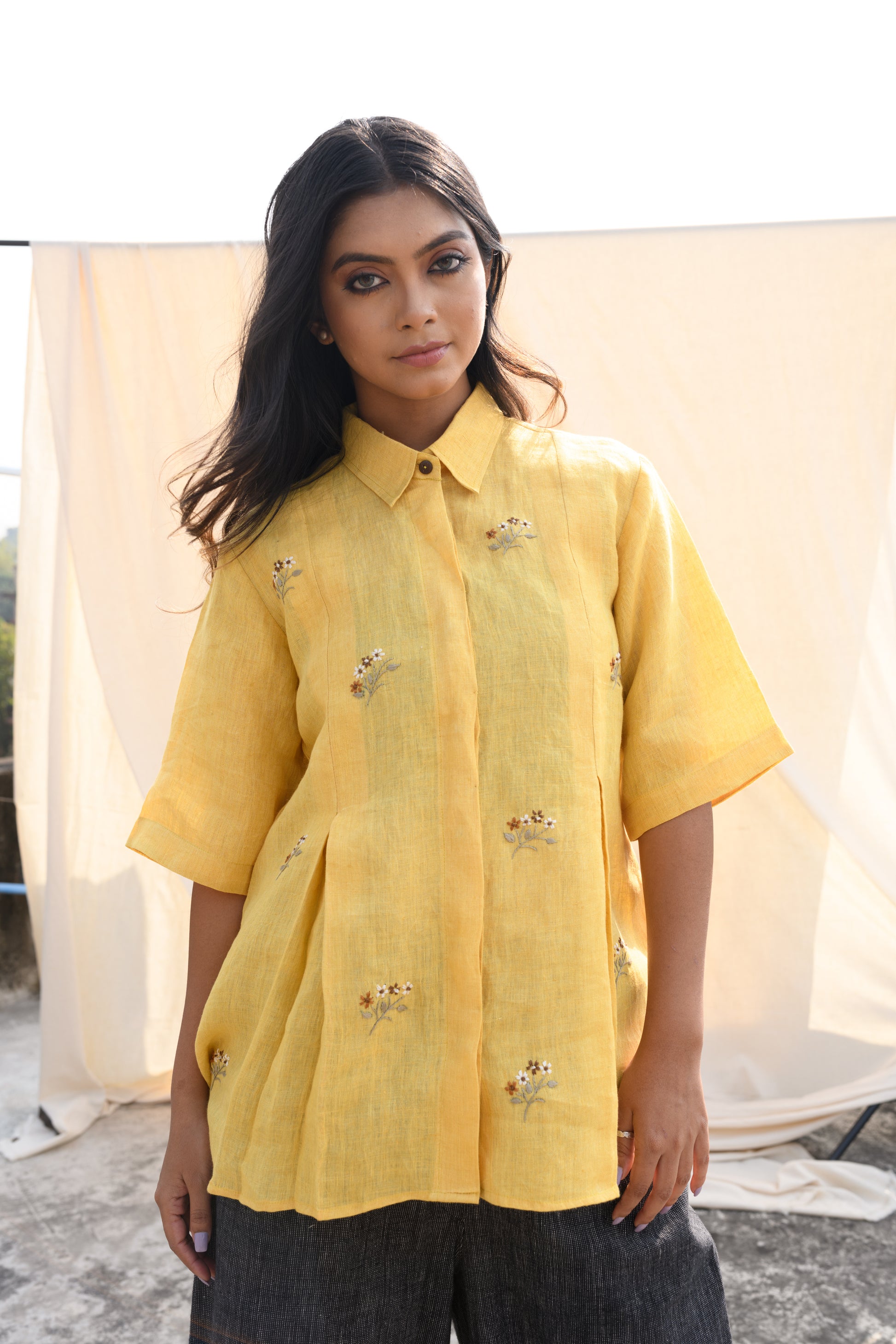 Sunlit Serenity - Hand embroidered linen shirt