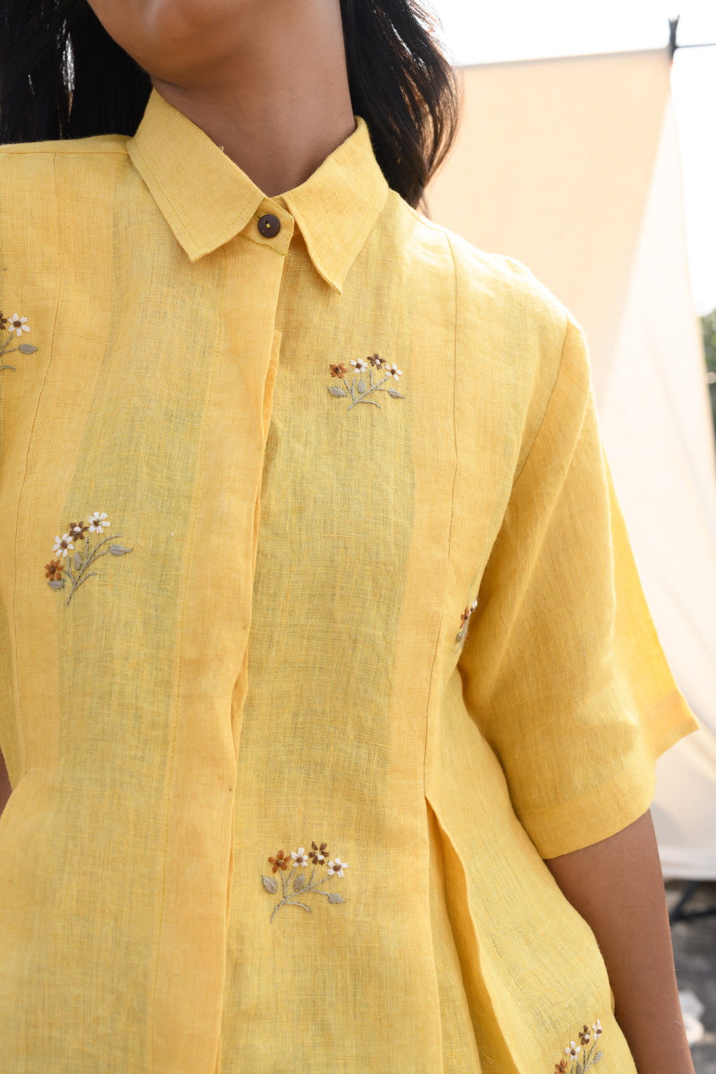 Sunlit Serenity Hand embroidered linen shirt Yellow Front View