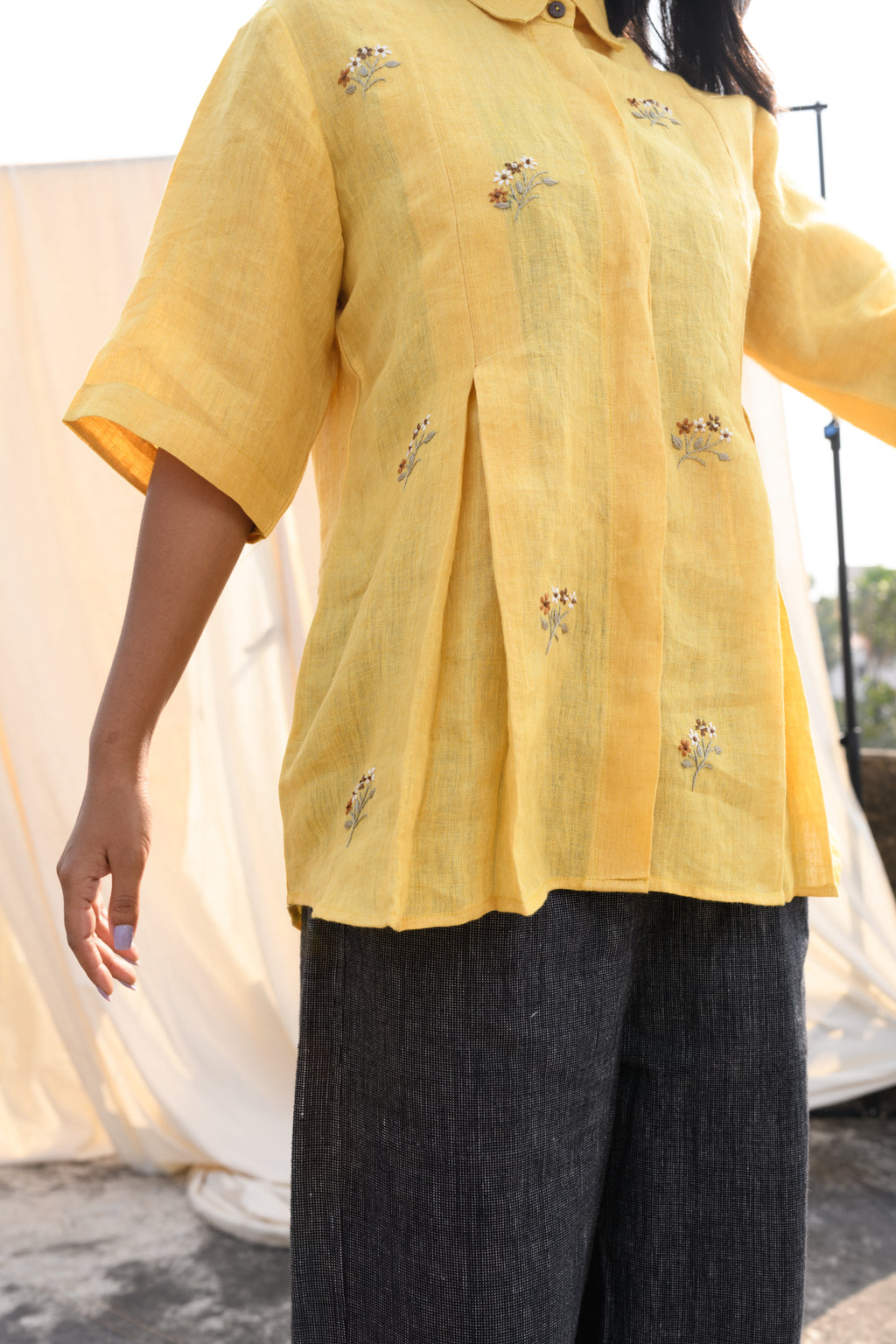 Sunlit Serenity Hand embroidered linen shirt Yellow Front View