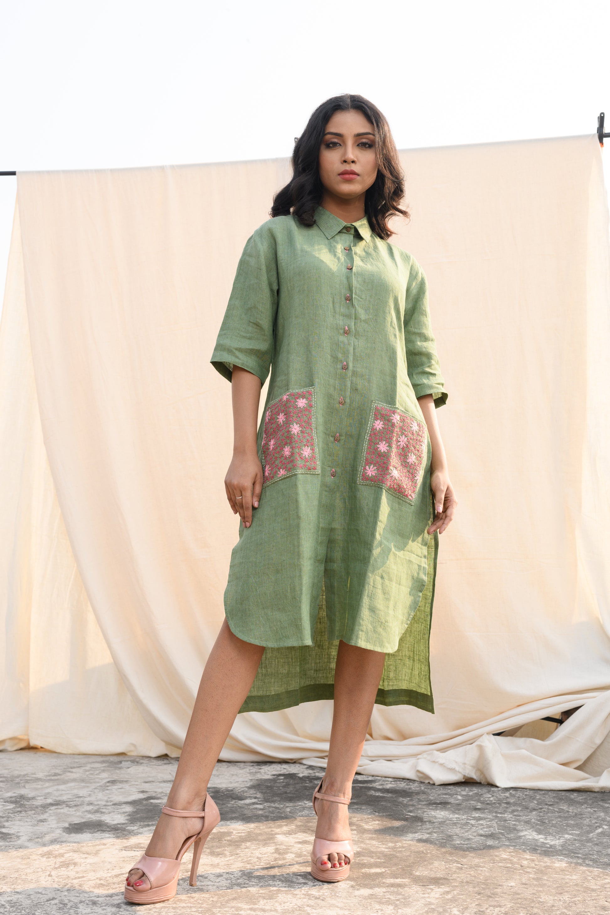 Sage Blossom - Handloom linen dress