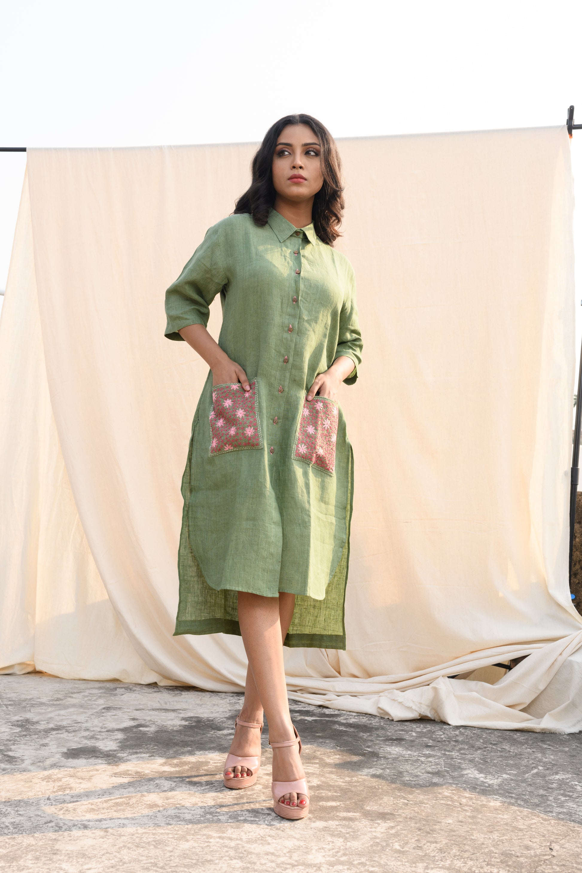 Sage Blossom - Handloom linen dress