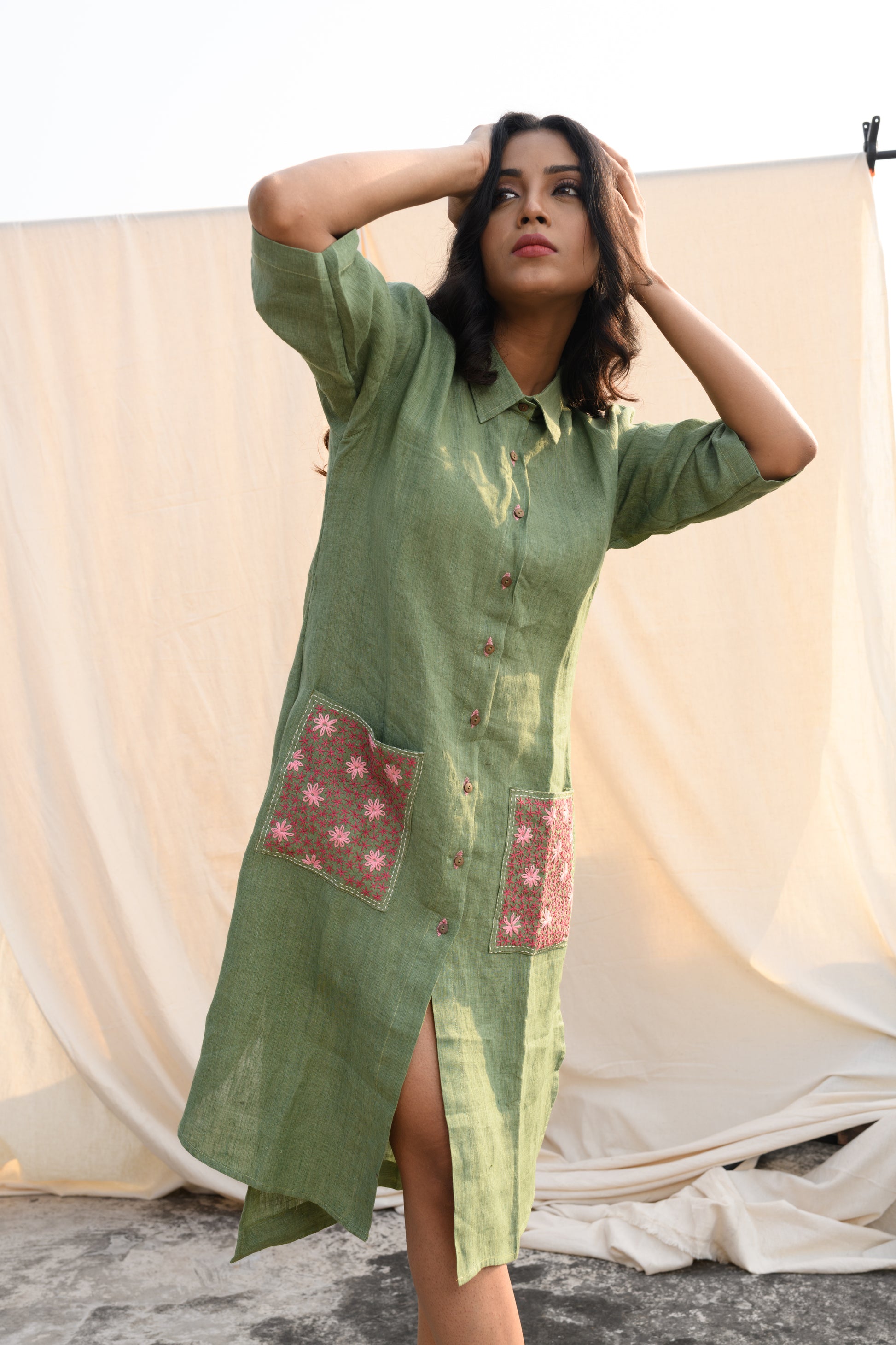 Sage Blossom - Handloom linen dress