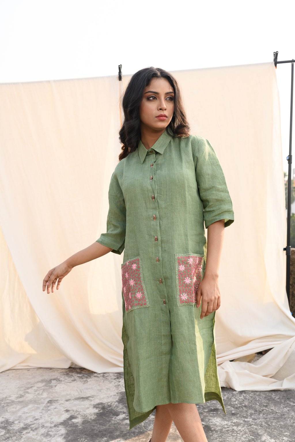 Sage Blossom - Handloom linen dress