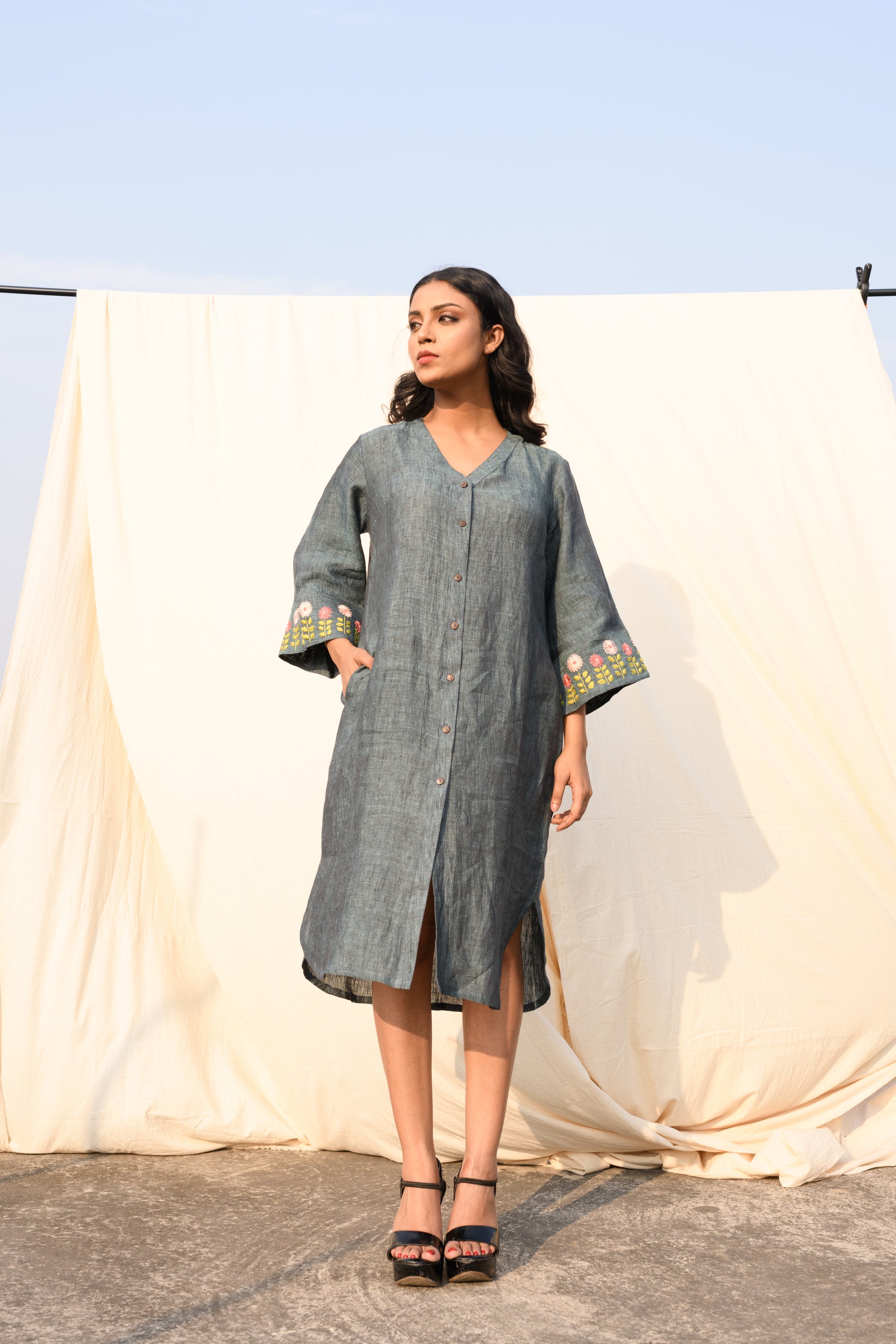 Dusky Fern - Handloom linen dress