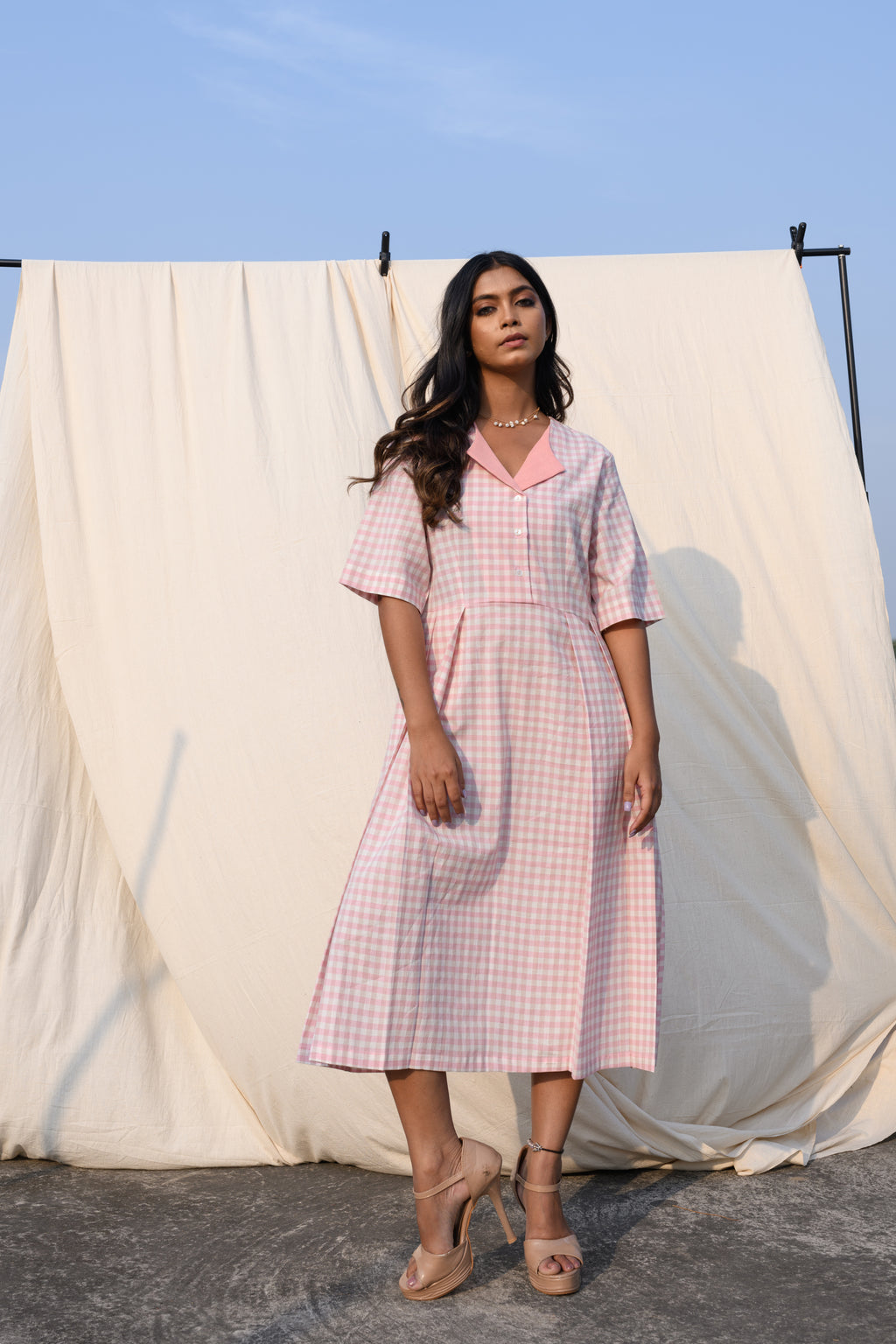 Rosewhisper - Pink and white checked midi dress