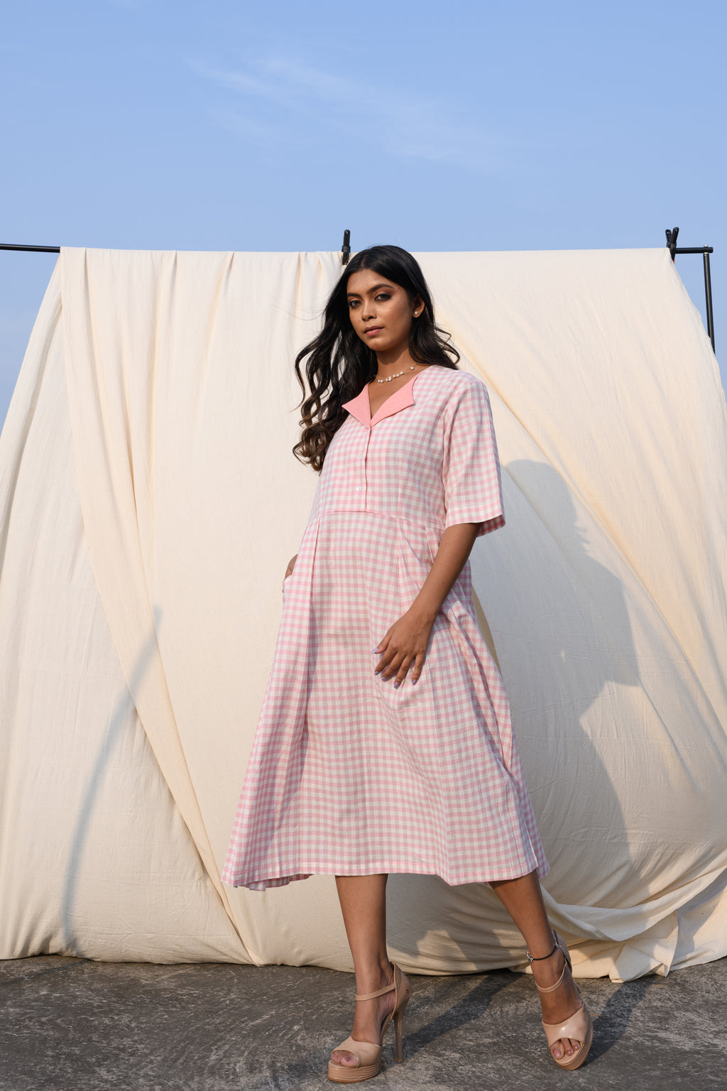 Rosewhisper - Pink and white checked midi dress