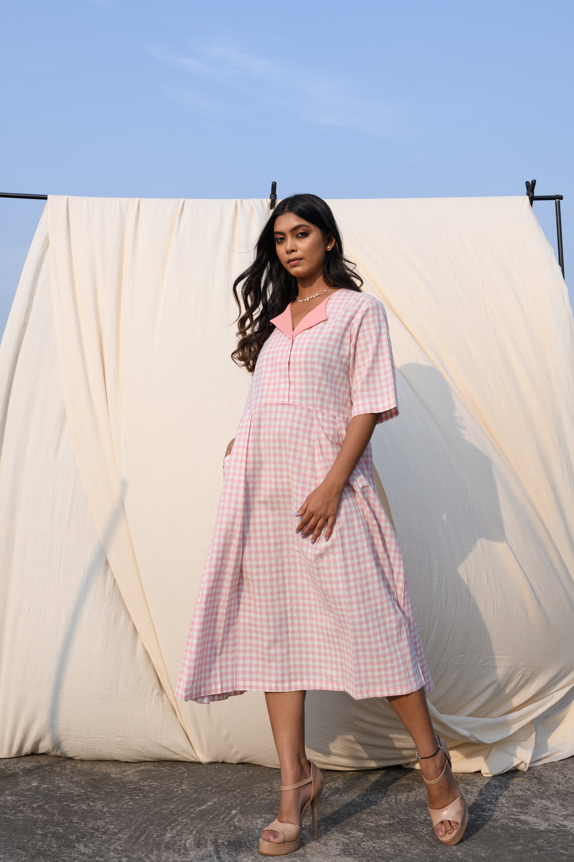 Rosewhisper - Pink and white checked midi dress